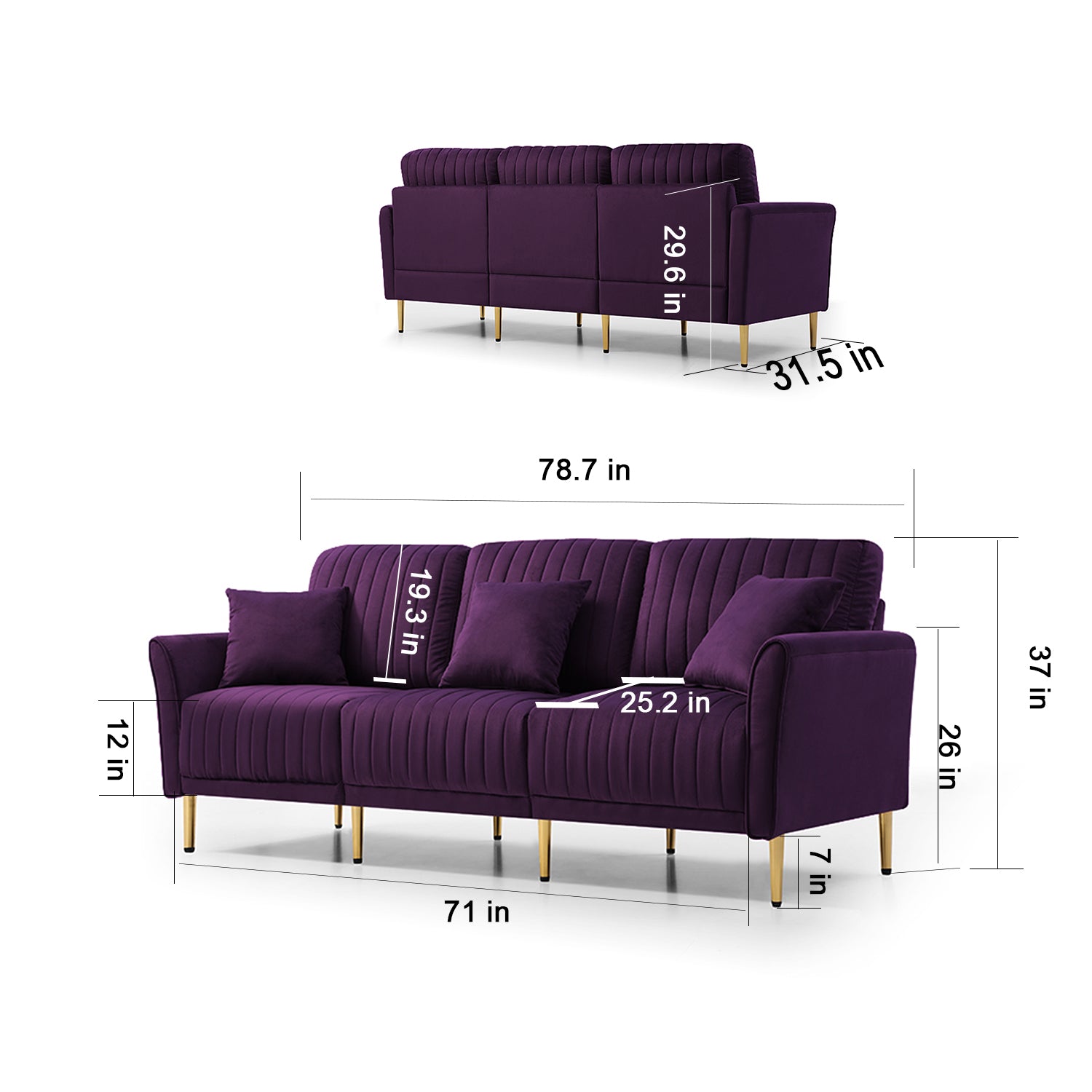 Living Room Sofa Velvet Upholstered Couch Furniture For Home Or Office 3 Seat,Purple Purple Foam Velvet 3 Seat