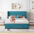 Queen Size Storage Bed Velvet Upholstered Platform Bed blue-upholstered