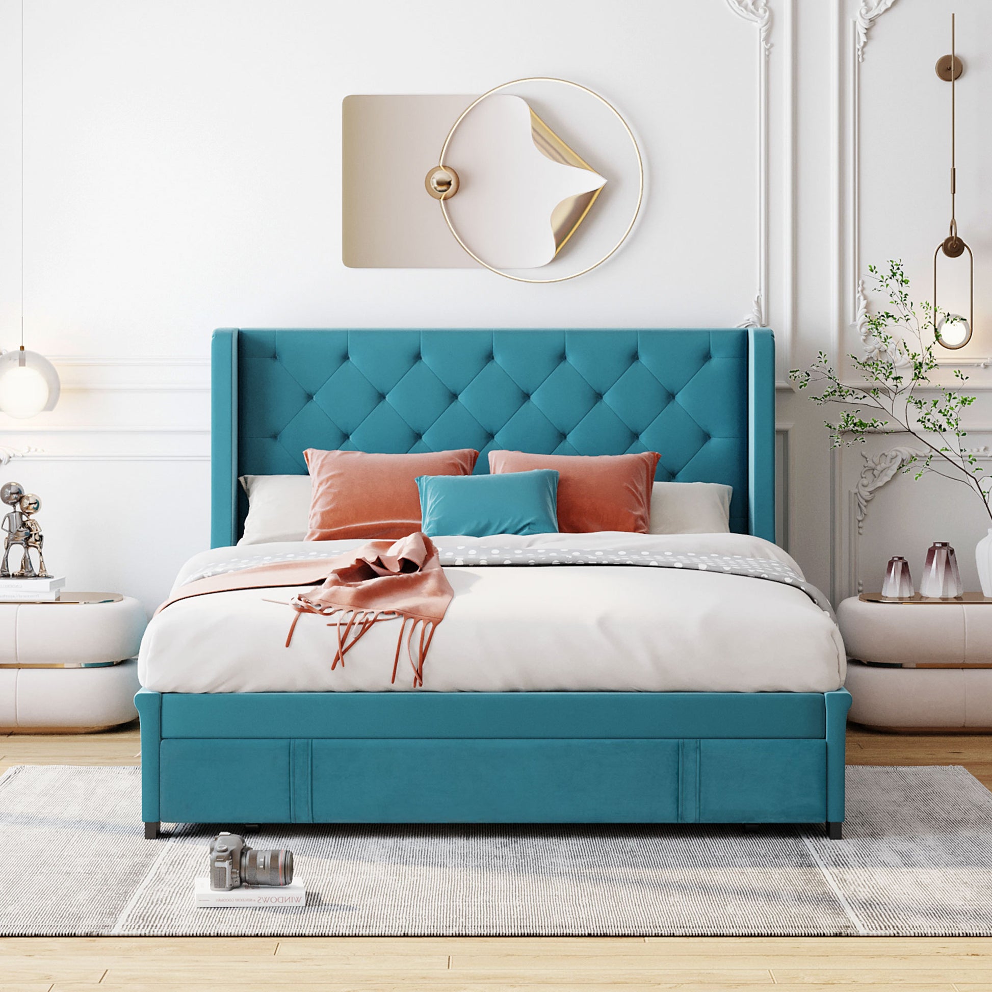 Queen Size Storage Bed Velvet Upholstered Platform Bed blue-upholstered