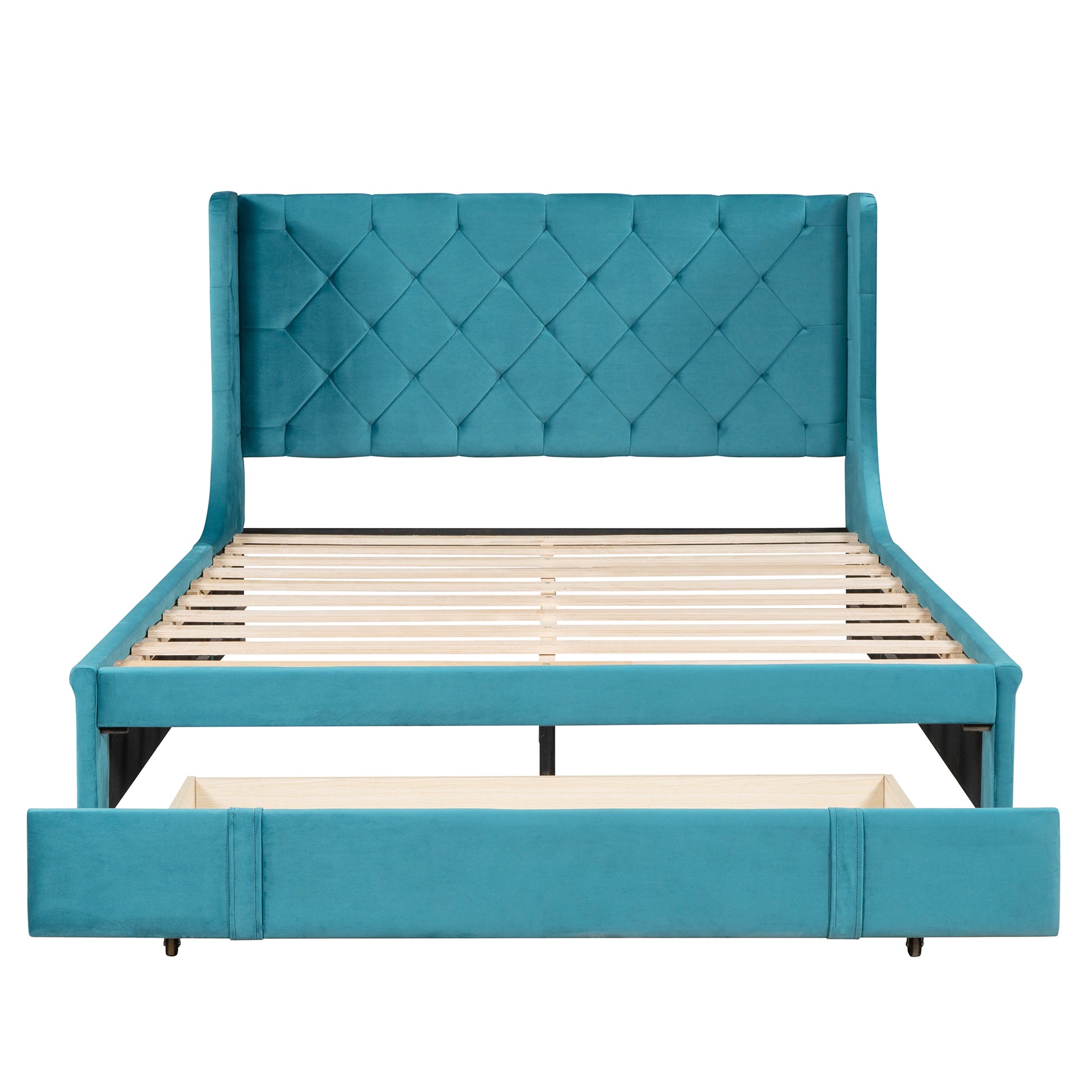 Queen Size Storage Bed Velvet Upholstered Platform Bed blue-upholstered