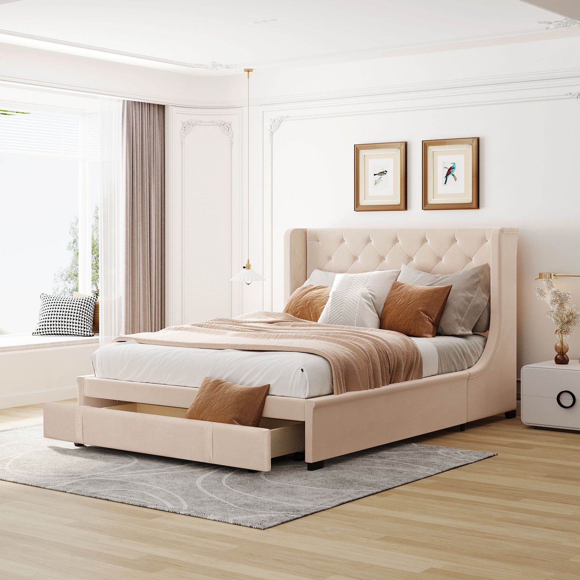 Queen Size Storage Bed Velvet Upholstered Platform Bed beige-upholstered