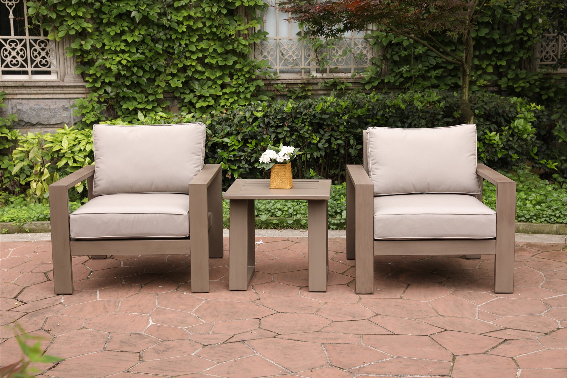 3 Piece Seating Group with Cushions, Wood Grained pewter-polyester-aluminum