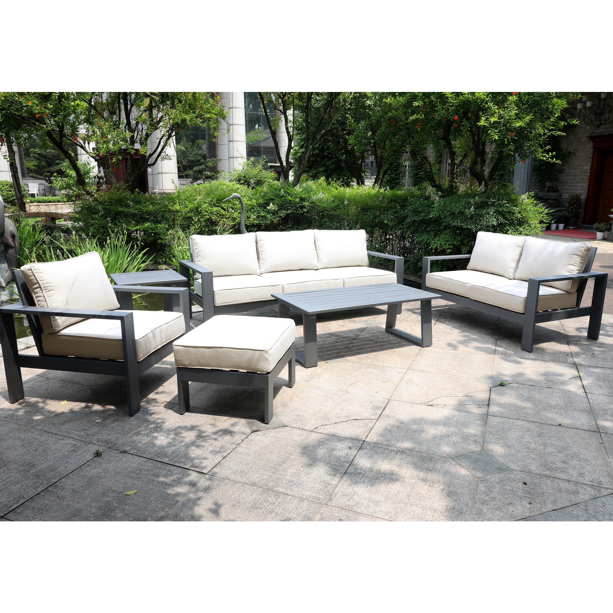 6 Piece Sofa Seating Group with Cushions, Powdered pewter-polyester-aluminum