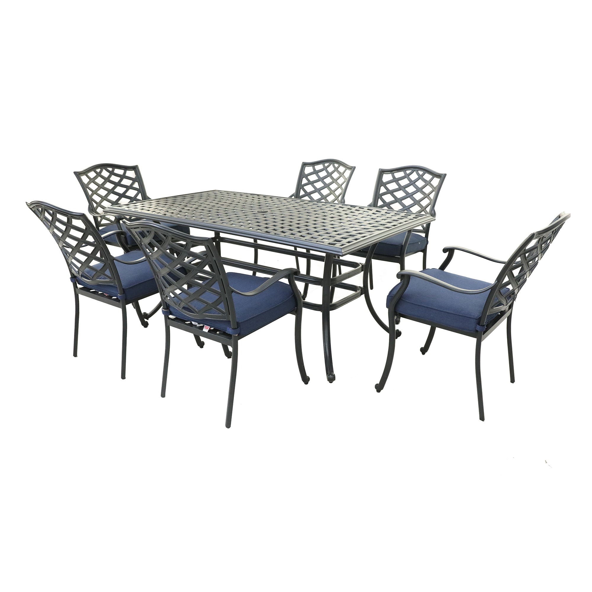 Rectangular 6 Person 68" Long Aluminum Dining Set with navy blue-polyester-aluminum