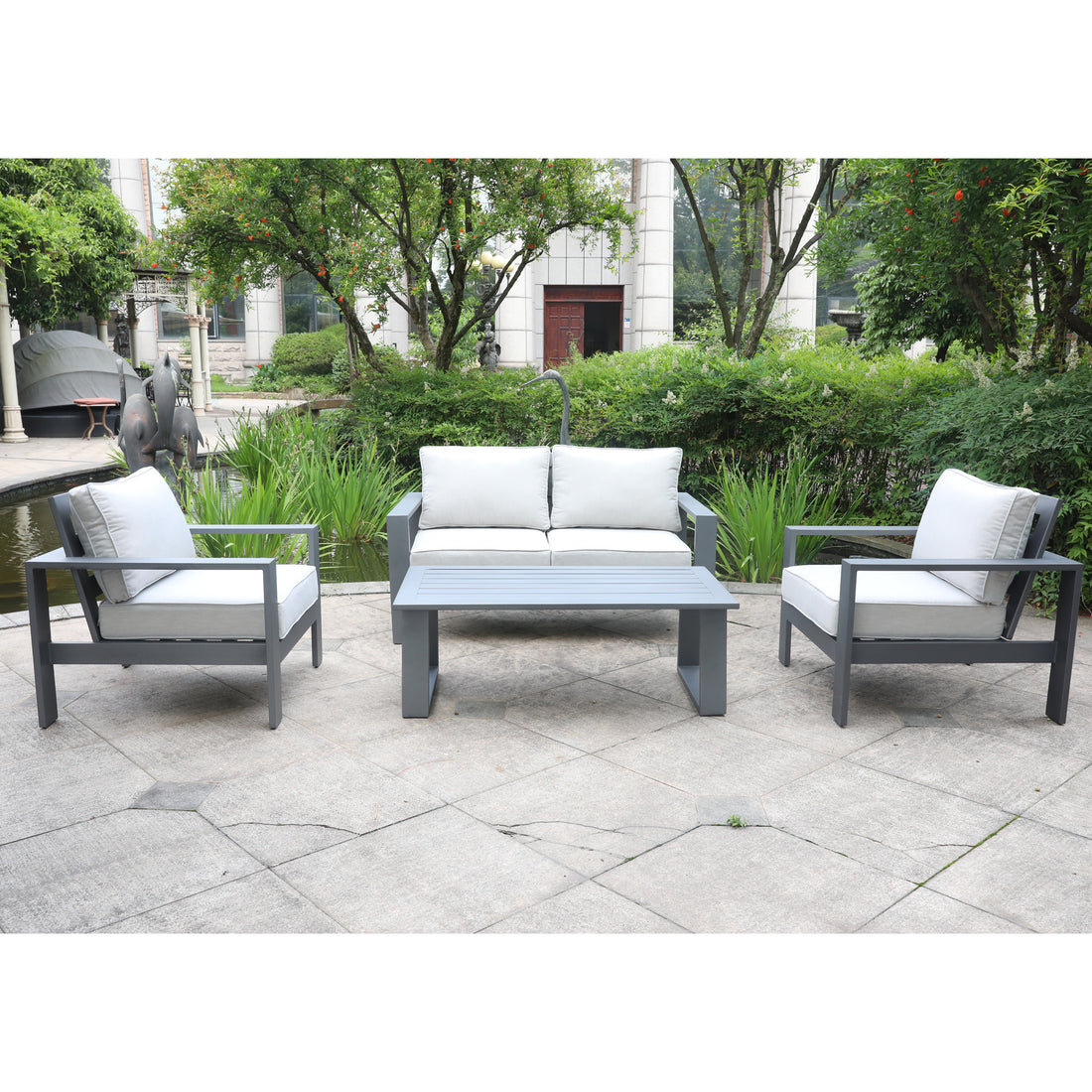 4 Piece Sofa Seating Group With Cushions, Powdered Pewter Pewter Polyester Aluminum