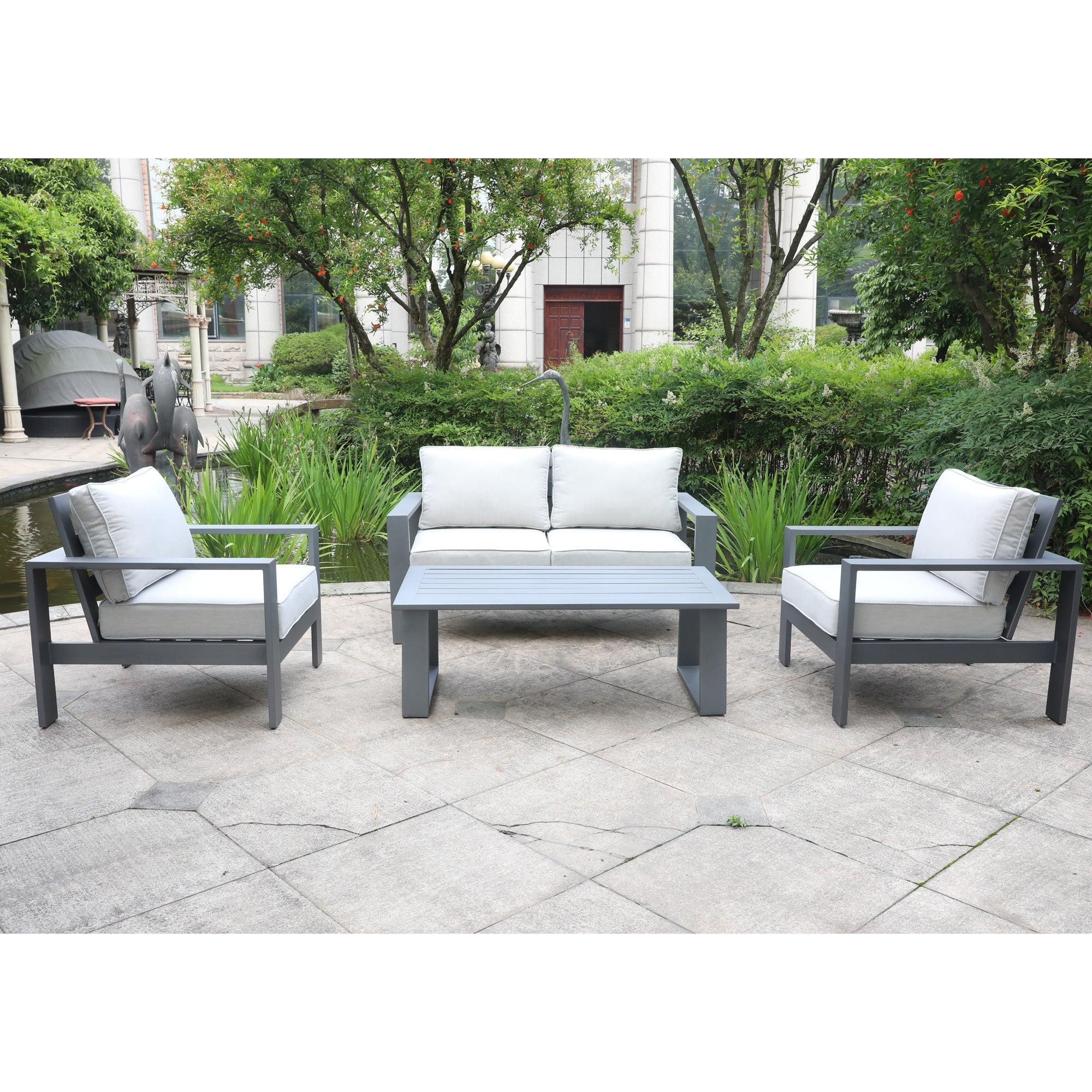 4 Piece Sofa Seating Group with Cushions, Powdered pewter-polyester-aluminum