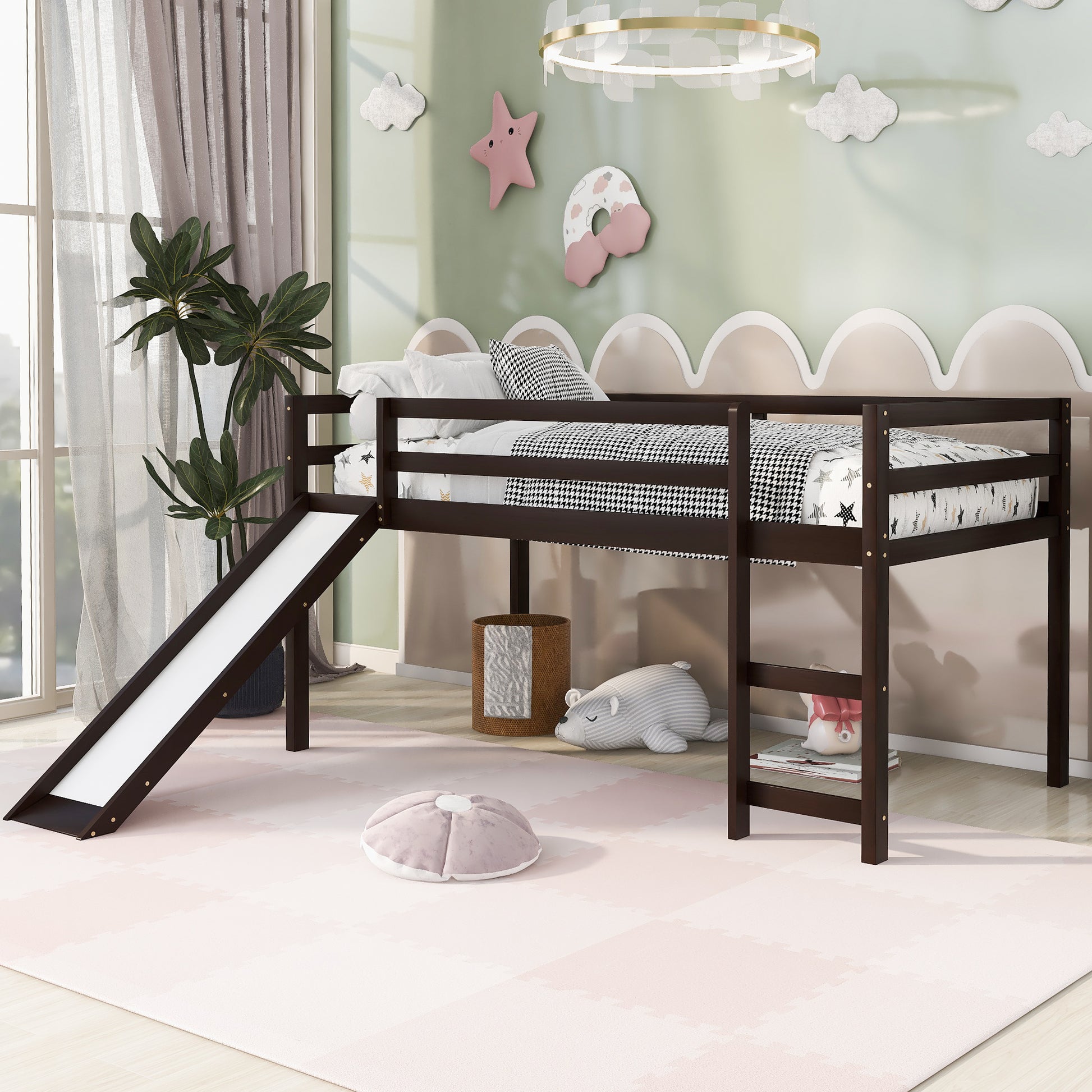 Loft Bed With Slide, Multifunctional Design, Twin Espresso Old Sku: Wf191904Aap Espresso Solid Wood