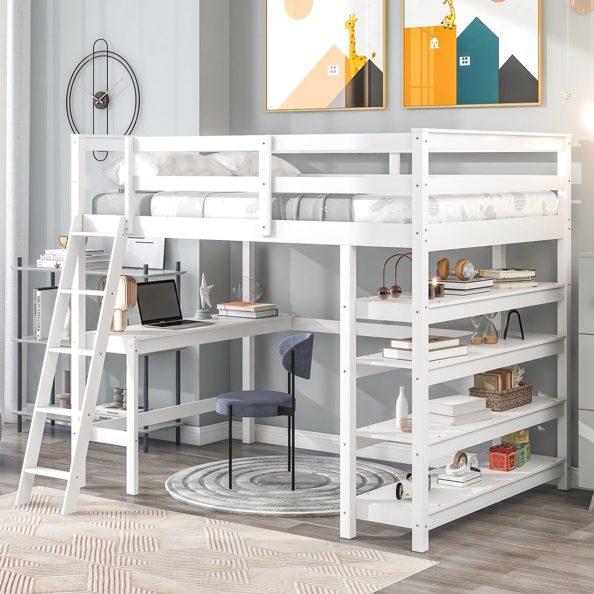 Loft Bed Full With Desk,Ladder,Shelveswhite White Pine