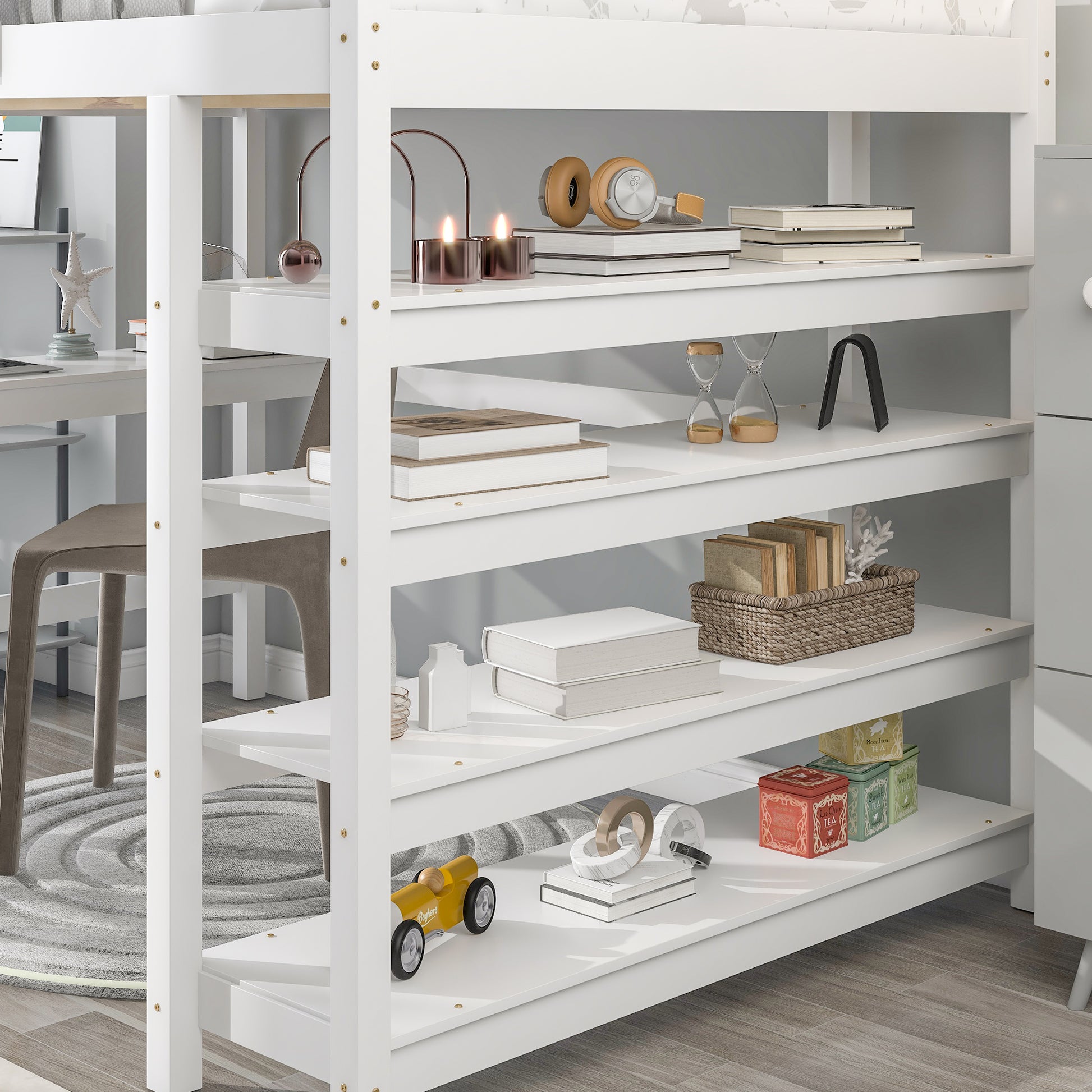 Loft Bed Full With Desk,Ladder,Shelveswhite White Pine