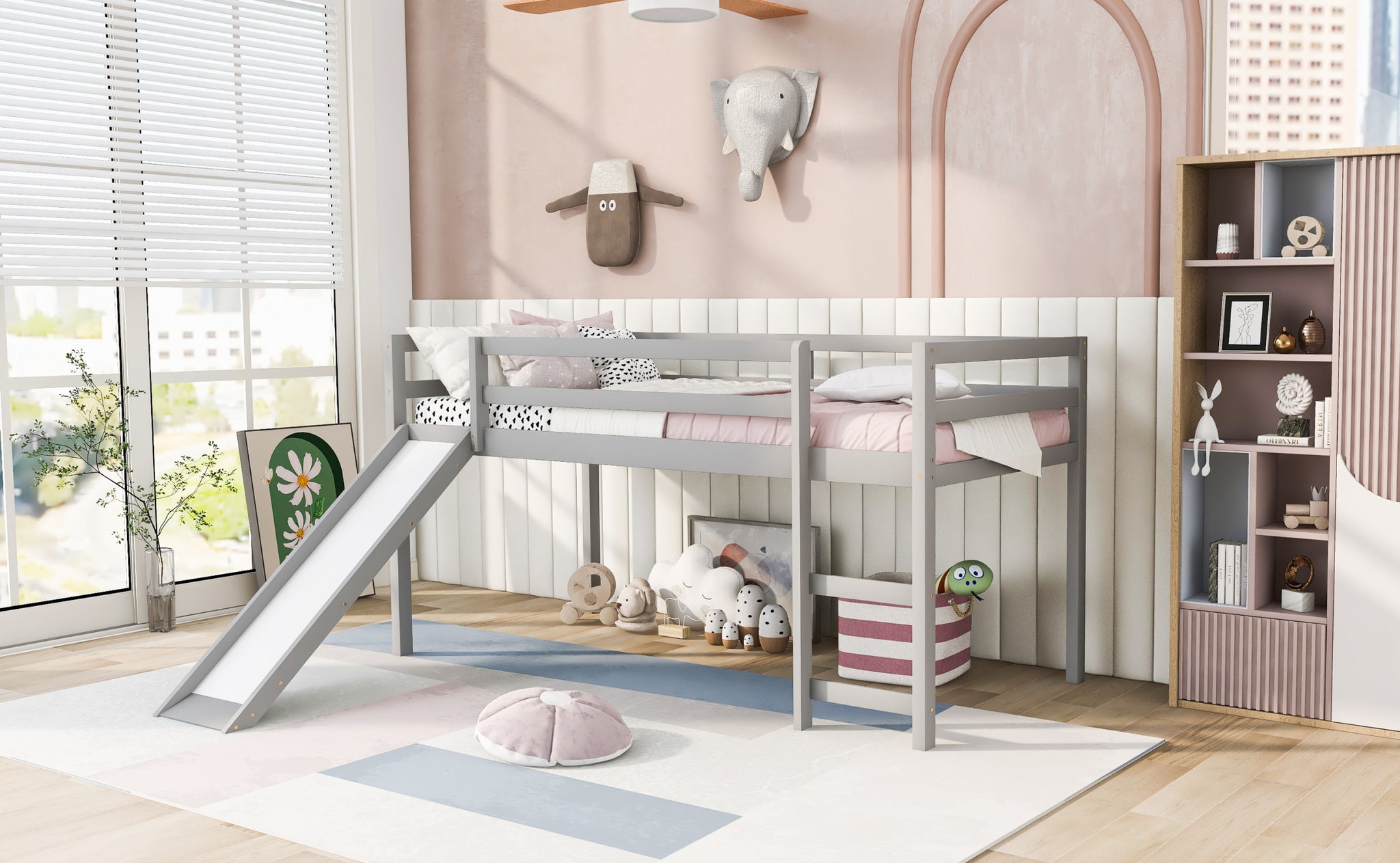 Loft Bed with Slide, Multifunctional Design, Twin Gray gray-solid wood