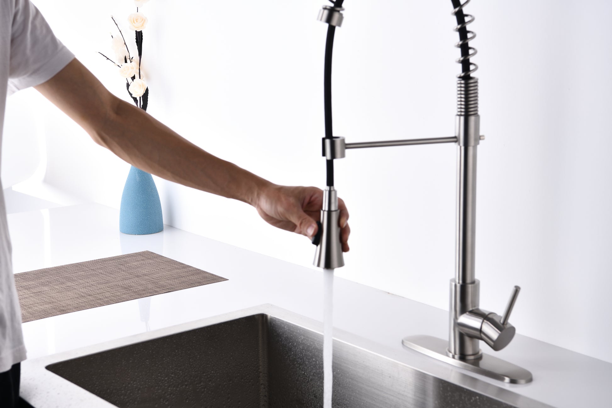 Brushed Nickle Single Handle Commercial Modern Spring High Arc Kitchen Faucet Brushed Nickel Stainless Steel