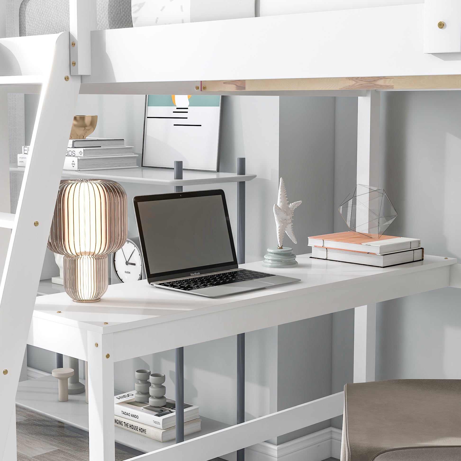 Loft Bed Full With Desk,Ladder,Shelveswhite White Pine