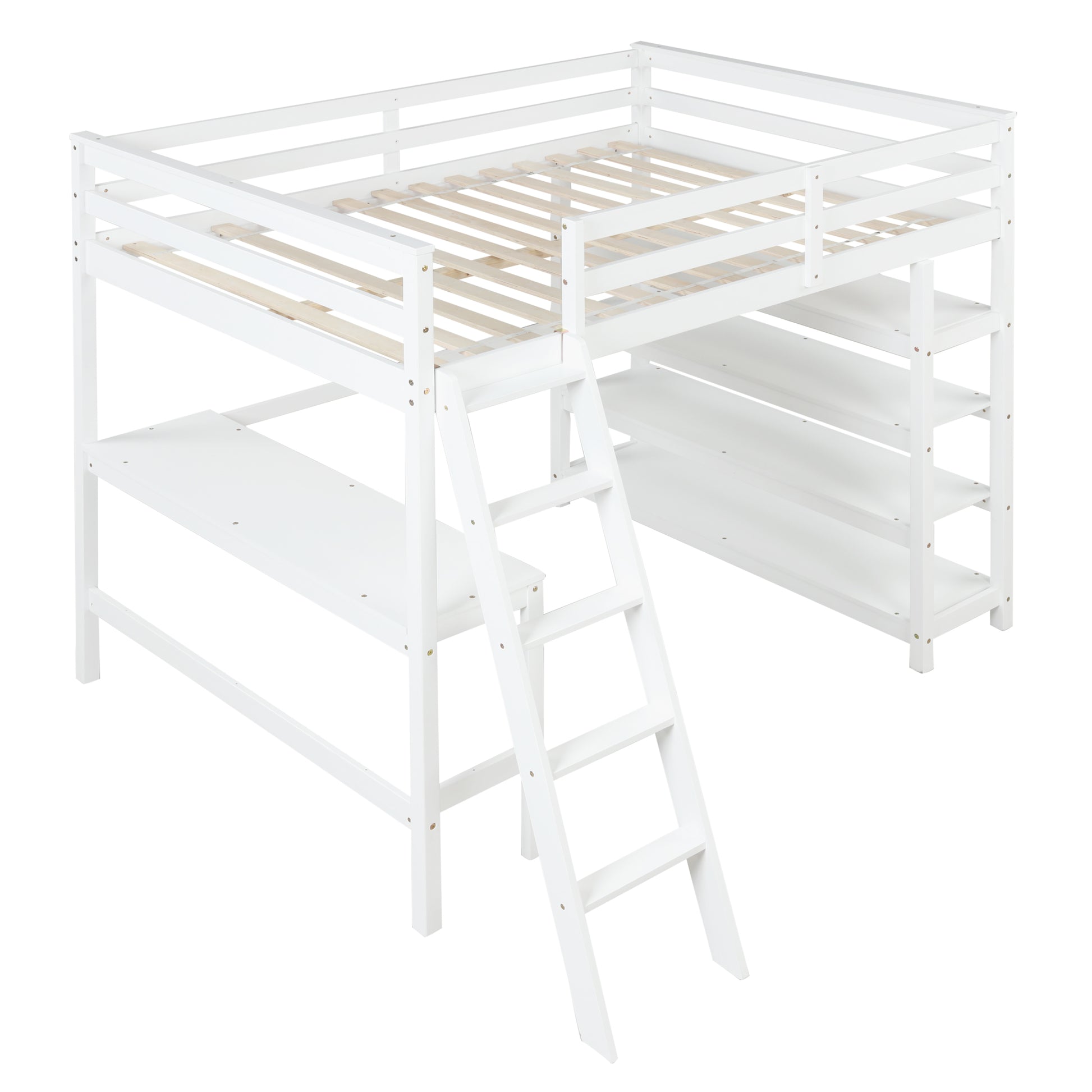 Loft Bed Full With Desk,Ladder,Shelveswhite White Pine