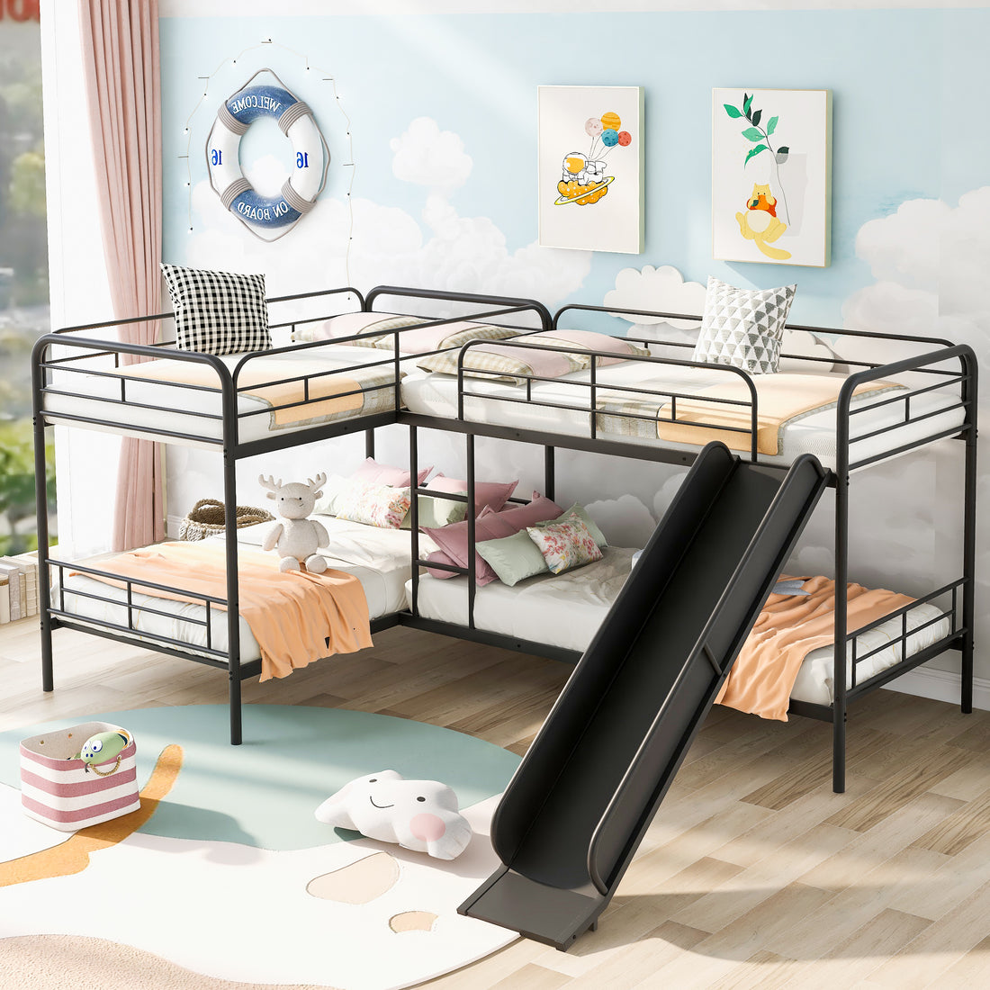 Twin Size L Shaped Bunk Bed With Slide And Ladder, Black Old Sku:Gx000615Aab Black Metal