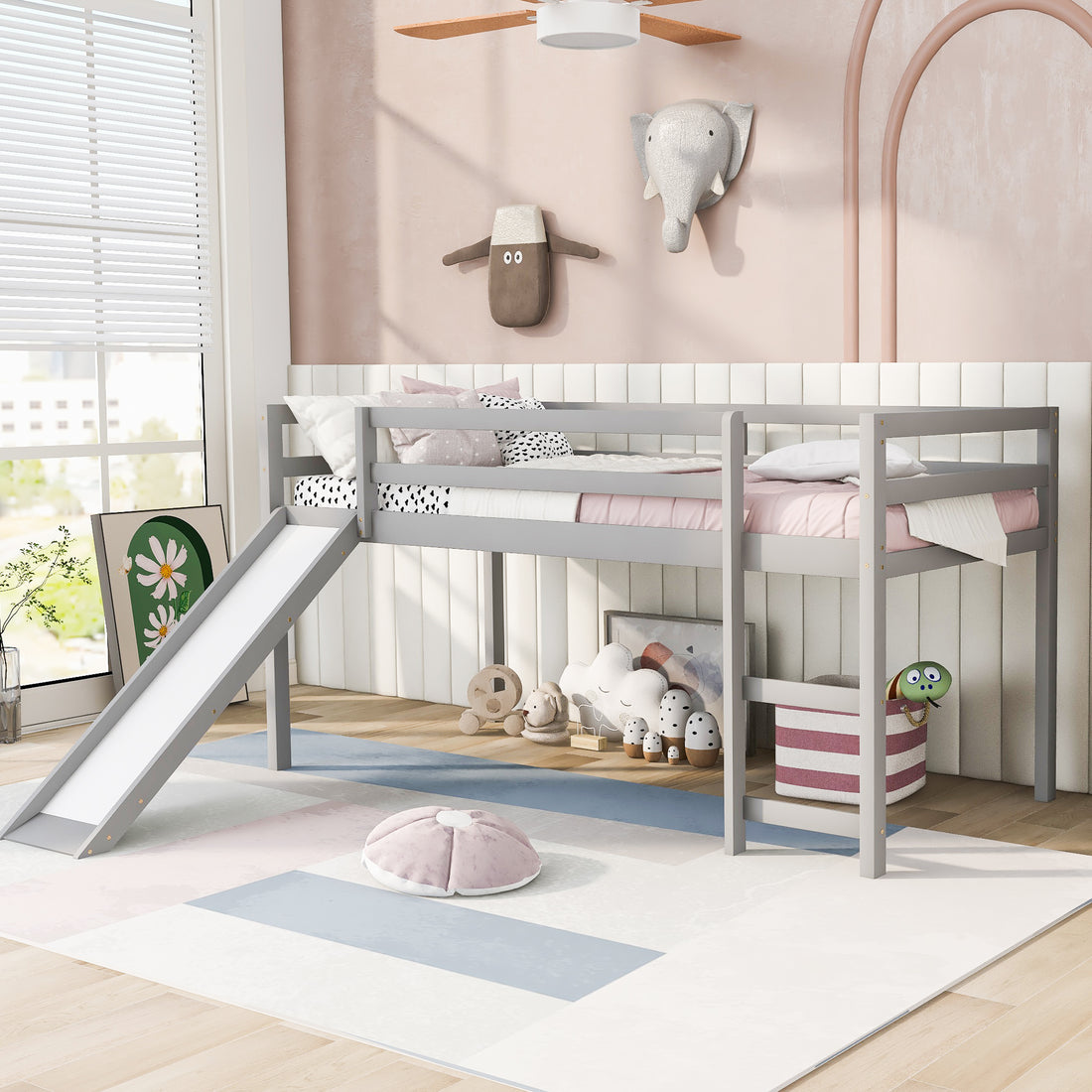Loft Bed With Slide, Multifunctional Design, Twin Gray Old Sku: Wf191904Aae Gray Solid Wood