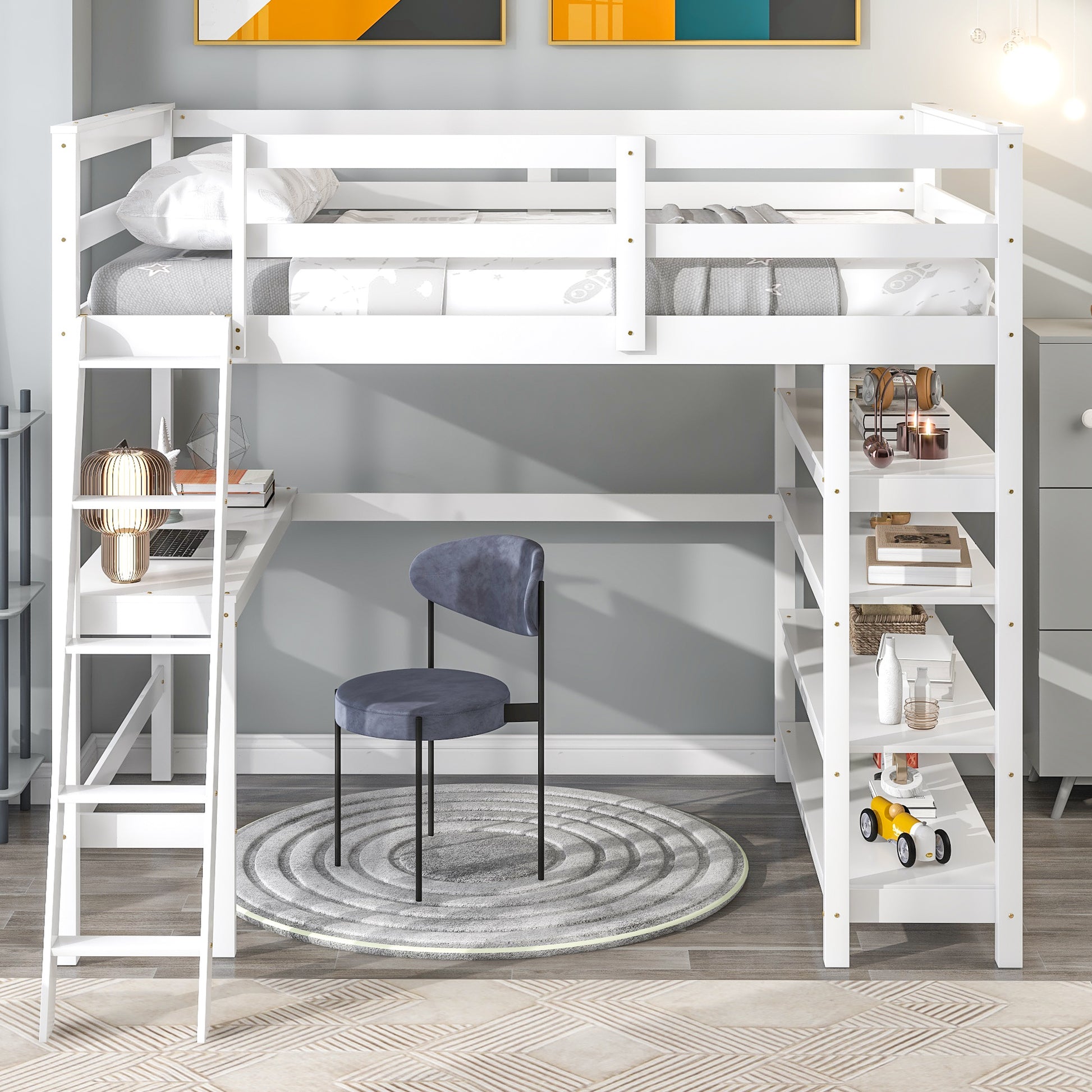 Loft Bed Full With Desk,Ladder,Shelveswhite White Pine