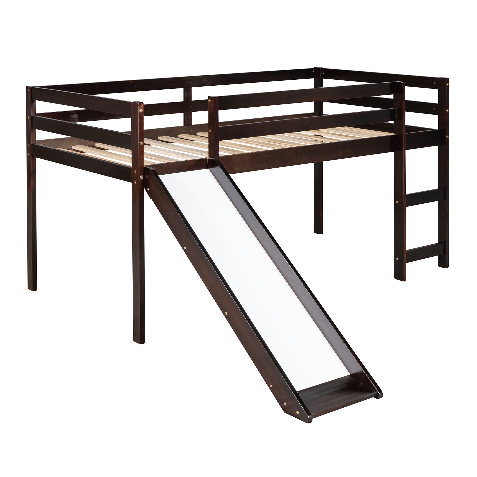 Loft Bed with Slide, Multifunctional Design, Twin espresso-solid wood