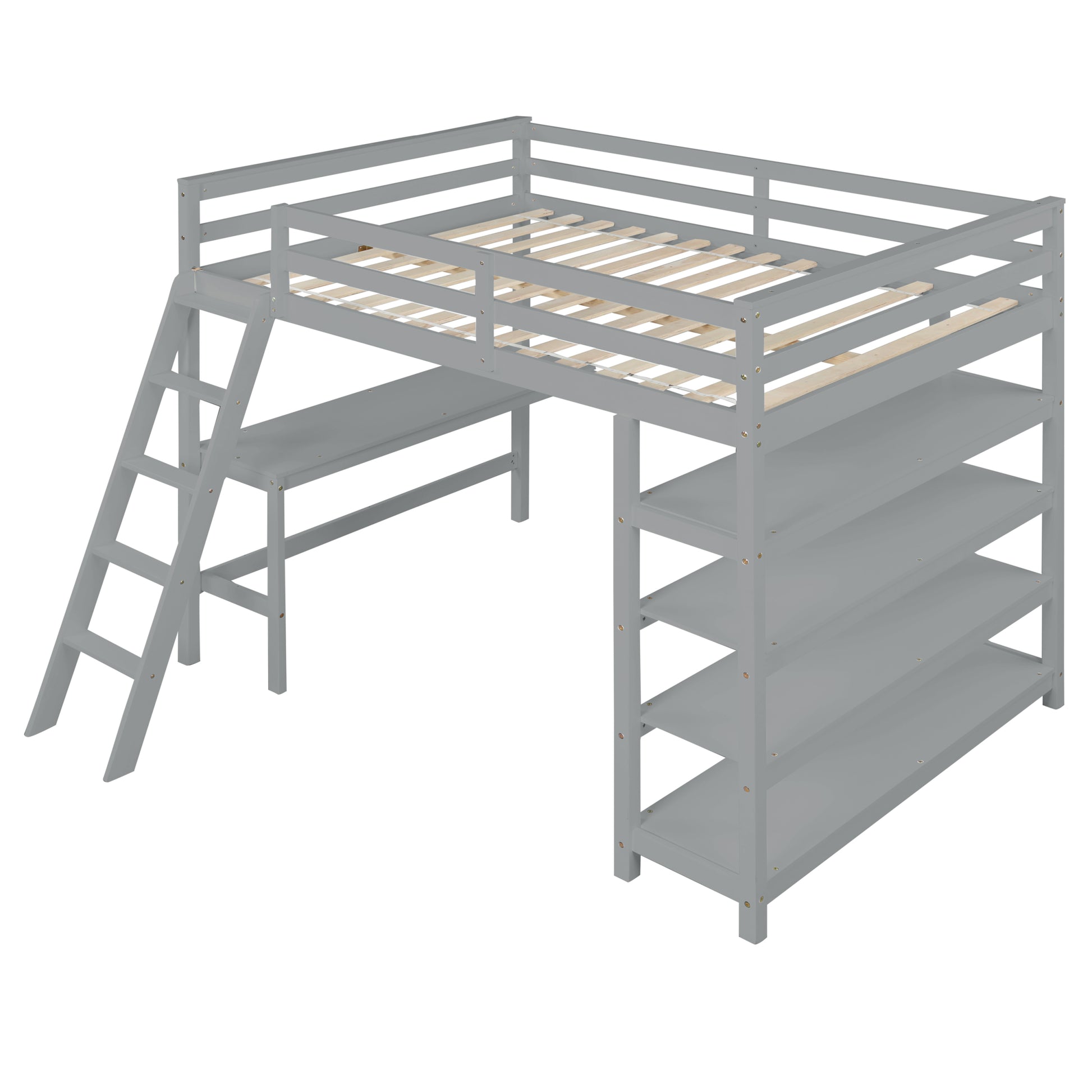 Loft Bed Full With Desk,Ladder,Shelvesgrey Grey Pine