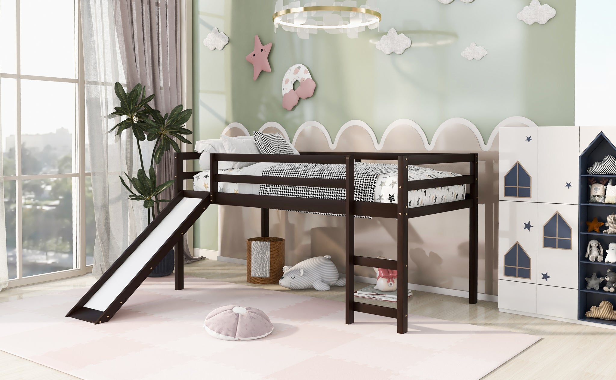 Loft Bed with Slide, Multifunctional Design, Twin espresso-solid wood