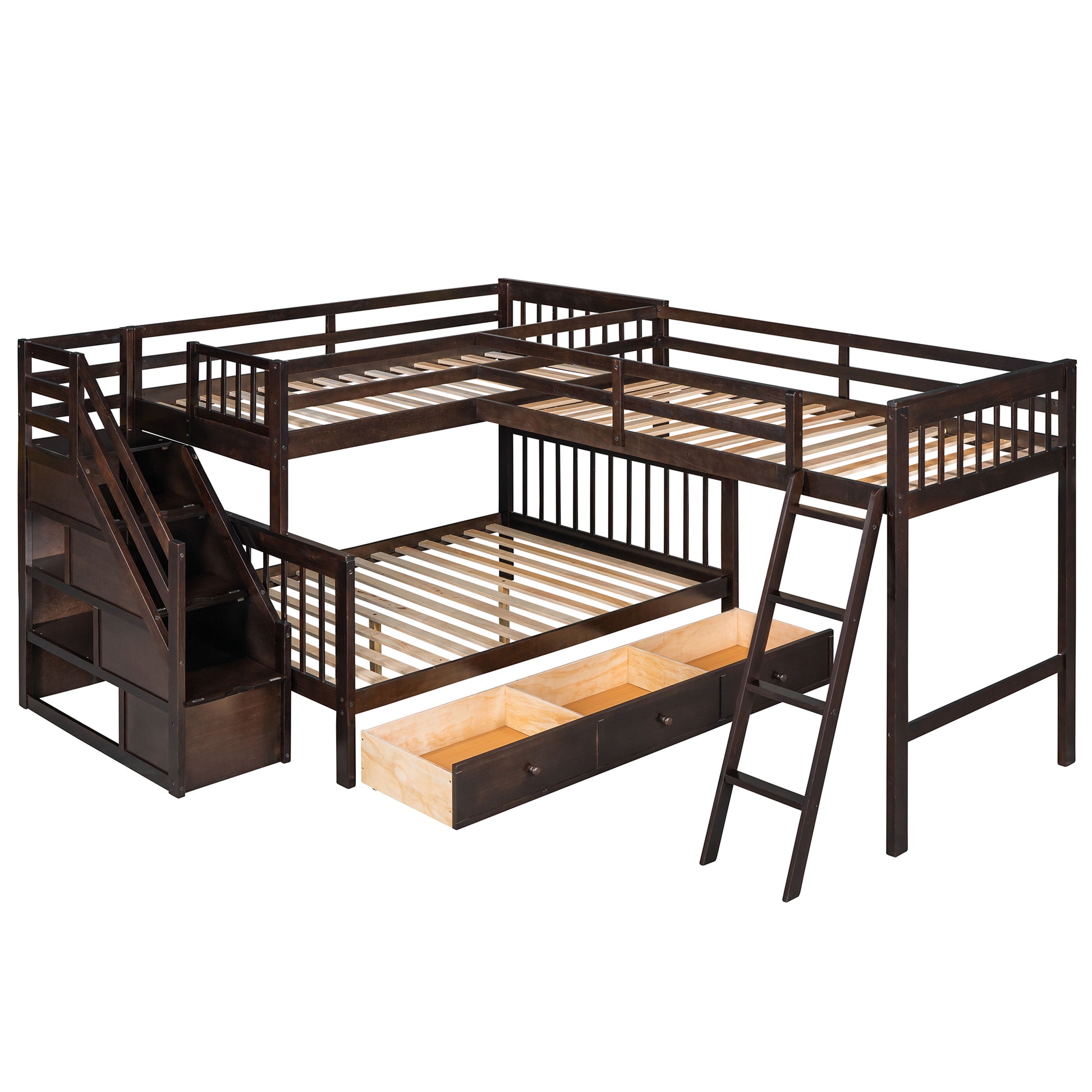 Twin Over Full L Shaped Bunk Bed With 3 Drawers, Ladder And Staircase Espresso Espresso Solid Wood