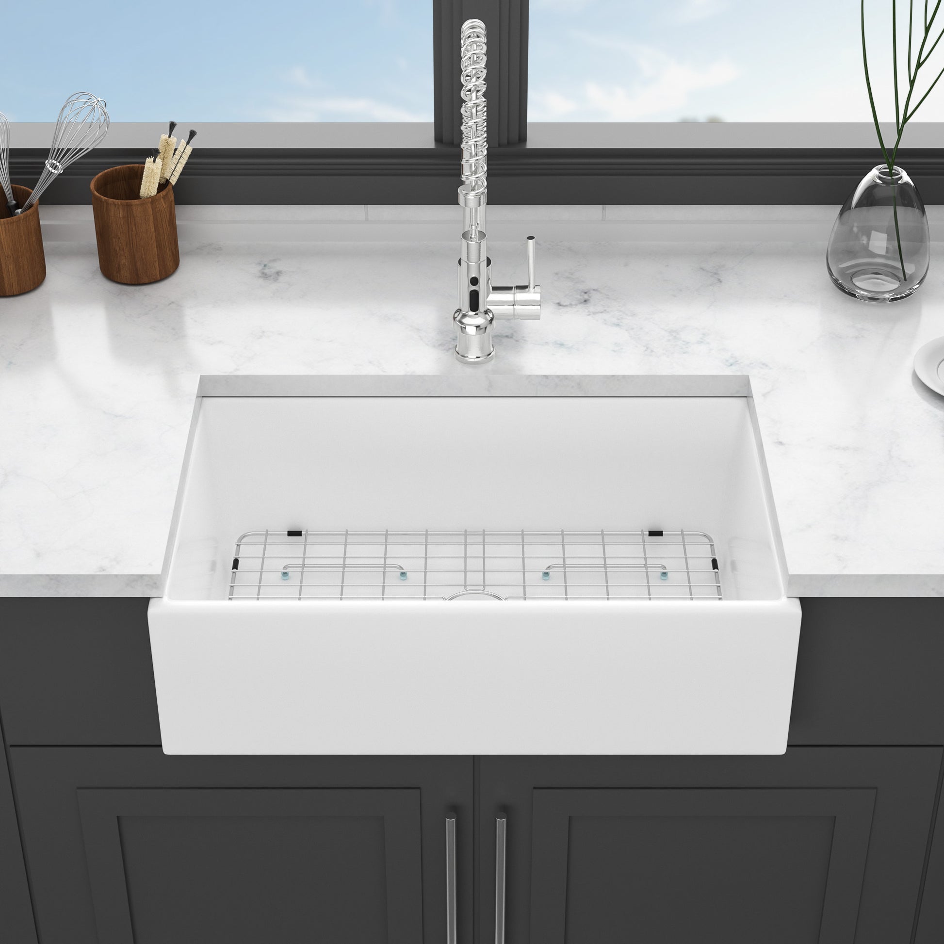 30 White Farmhouse Sink 30 Inch Kitchen Sink White Undermount Single Bowl Apron Front Ceremic Sink Farm Style Drain Asseblemly And Bottom Grate 30X18X10 Inch White Ceramic