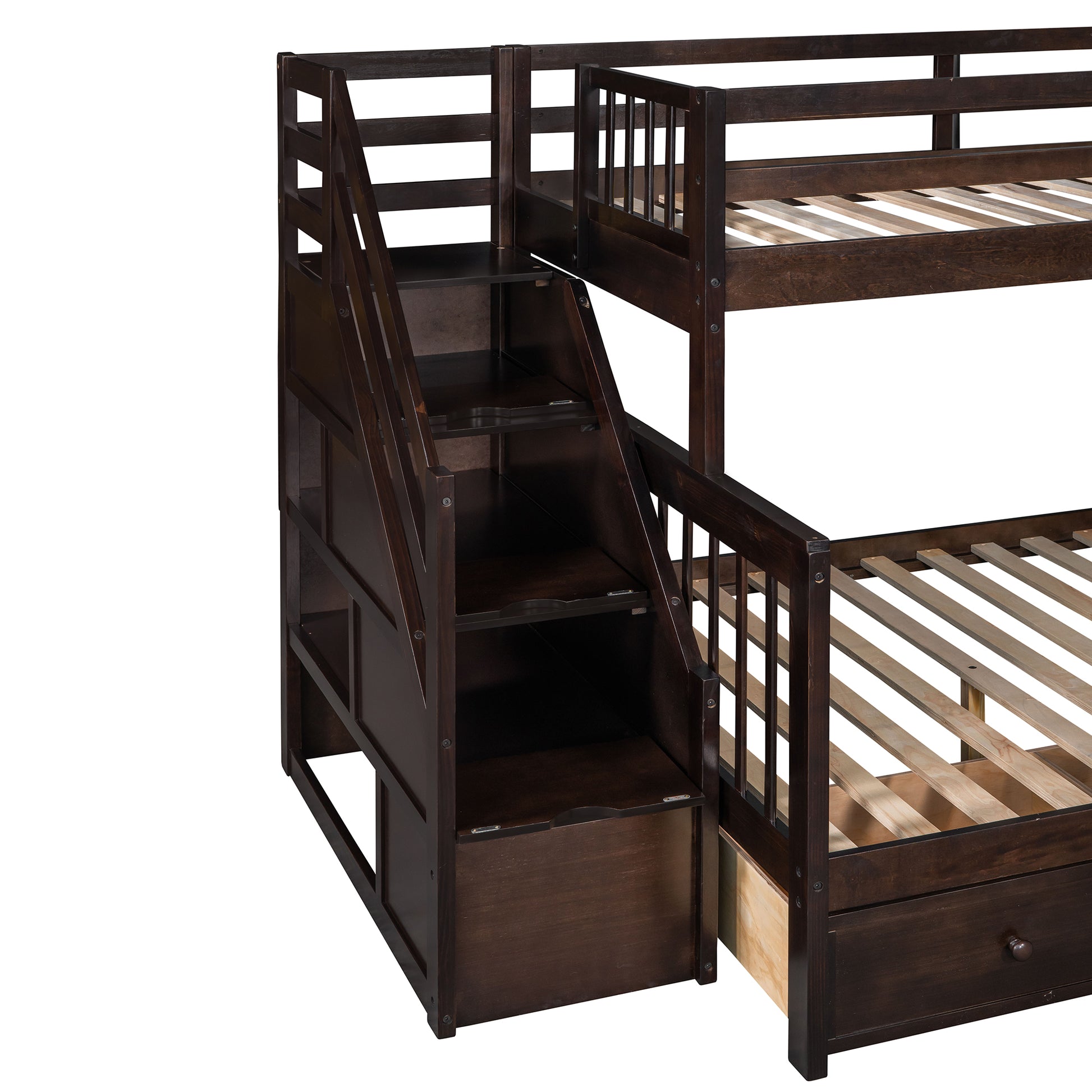 Twin Over Full L Shaped Bunk Bed With 3 Drawers, Ladder And Staircase Espresso Espresso Solid Wood