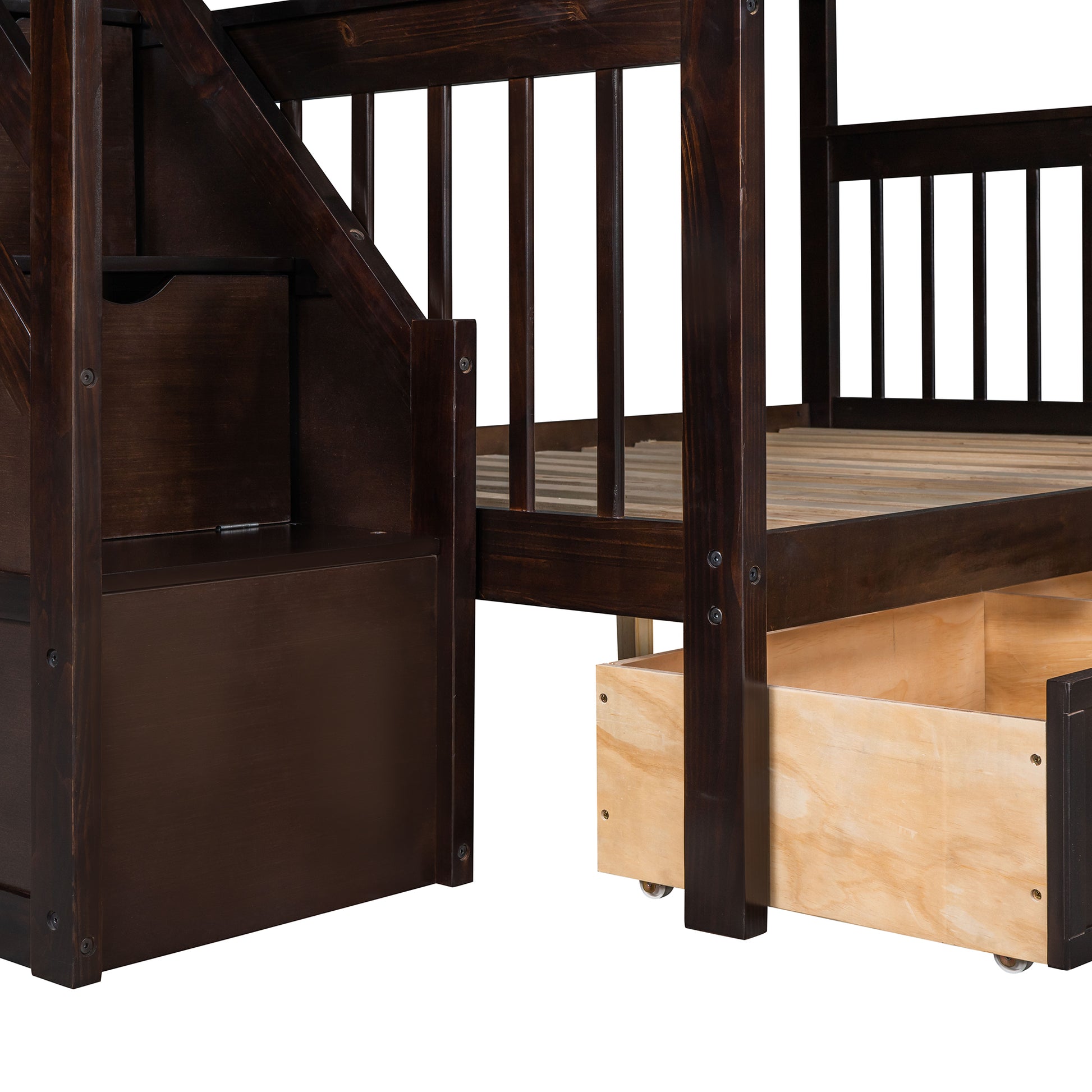 Twin Over Full L Shaped Bunk Bed With 3 Drawers, Ladder And Staircase Espresso Espresso Solid Wood