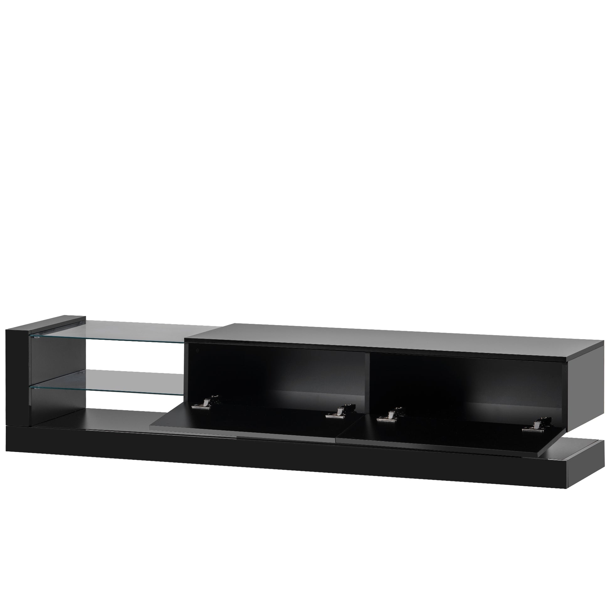 Tv Stand With Two Media Storage Cabinets Modern High Gloss Entertainment Center For 75 Inch Tv, 16 Color Rgb Led Color Changing Lights For Living Room, Black Black Mdf