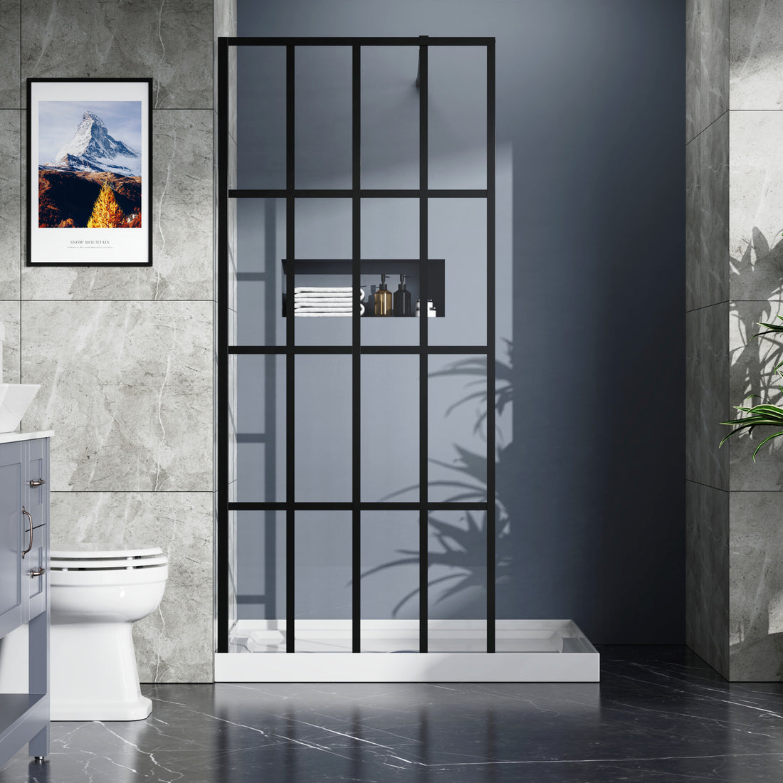 Goodyo 34" X 72" Shower Door Walk In Black Finish Black Glass