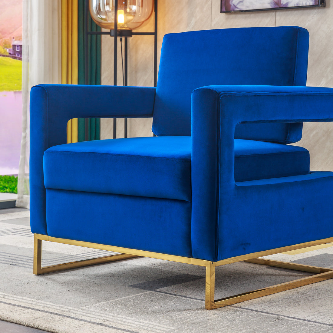 Modern Velvet Accent Chair, Elegant Armchair With Stainless Steel Base Blue Velvet