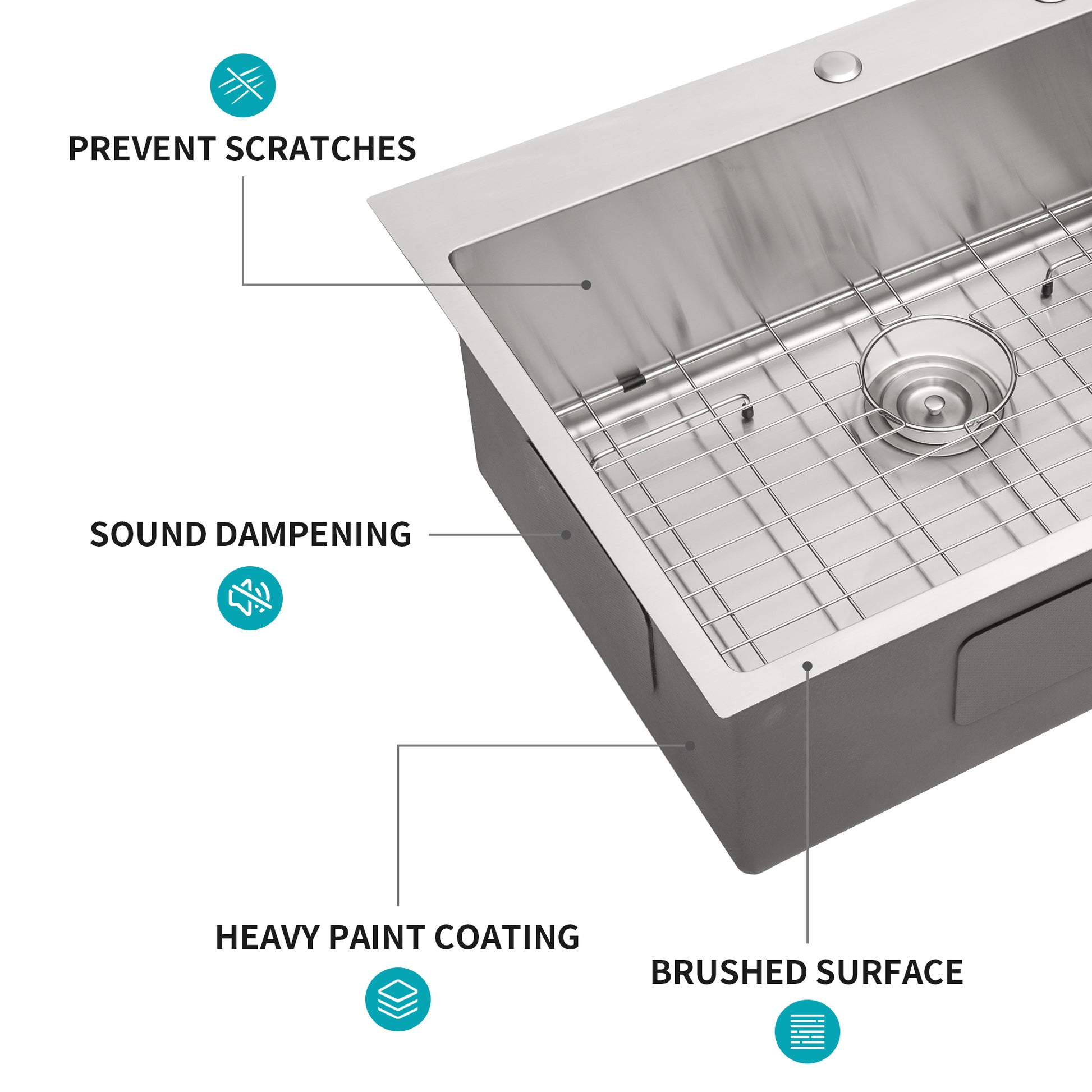 30X22 Inch Kitchen Sink Drop In 16 Gauge Stainless Steel 30" Single Bowl Topmount Kitchen Sink Basin Brushed Nickel Stainless Steel