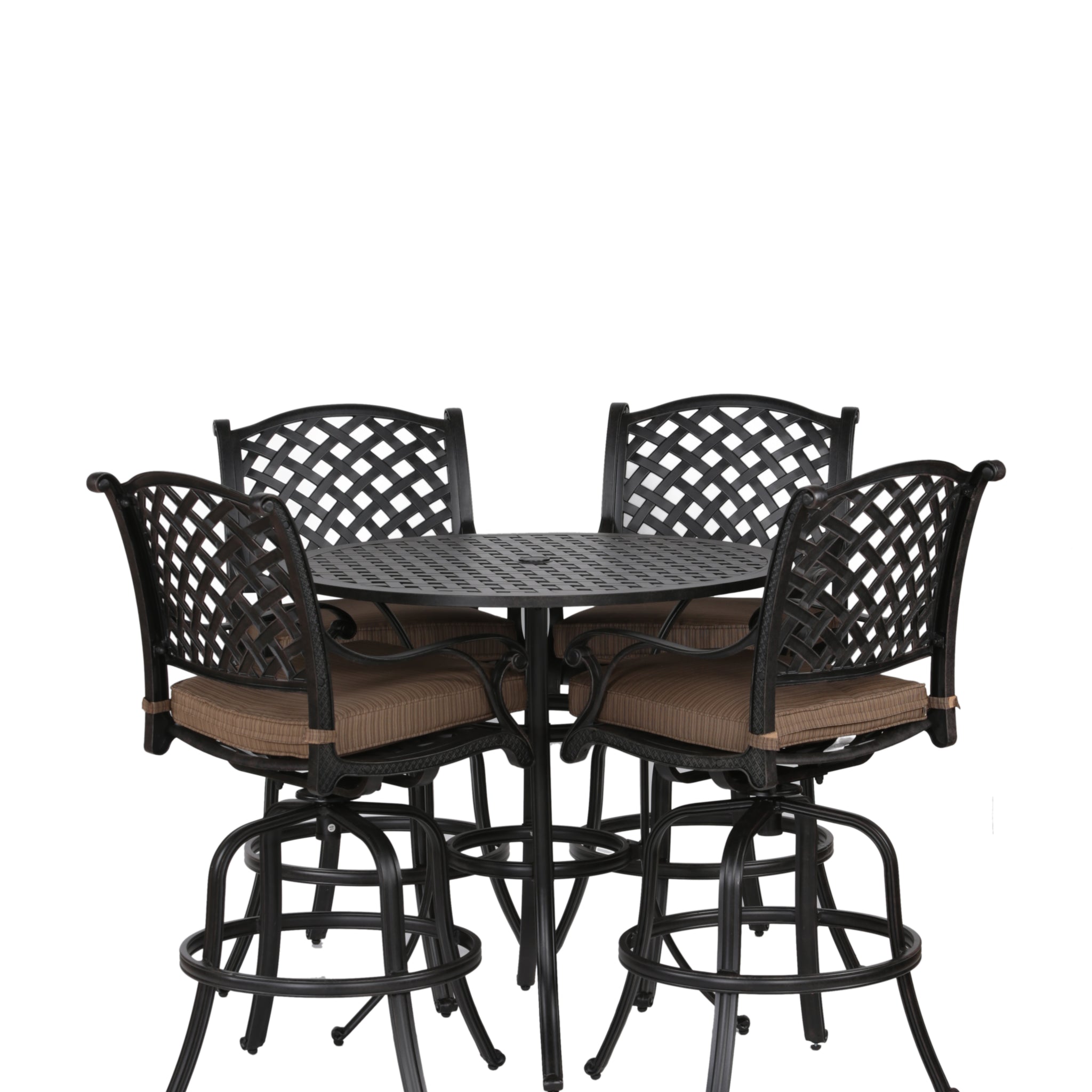 Round 4 Person 42" Long Aluminum Bar Height Dining Set With Cushions, Dupione Brown Antique Brown Polyester Aluminum