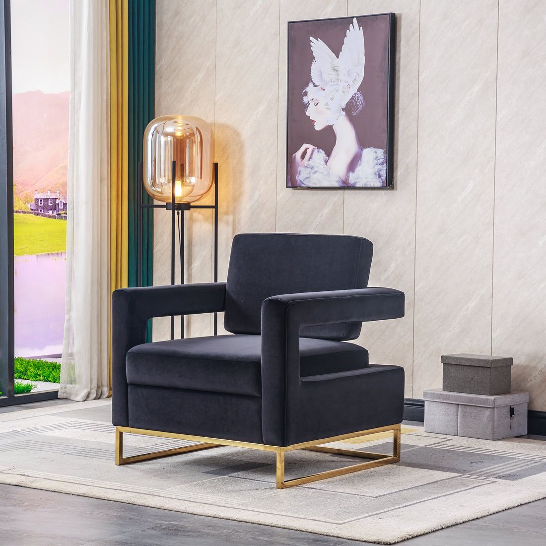 Modern Velvet Accent Chair, Elegant Armchair With Stainless Steel Base Black Velvet