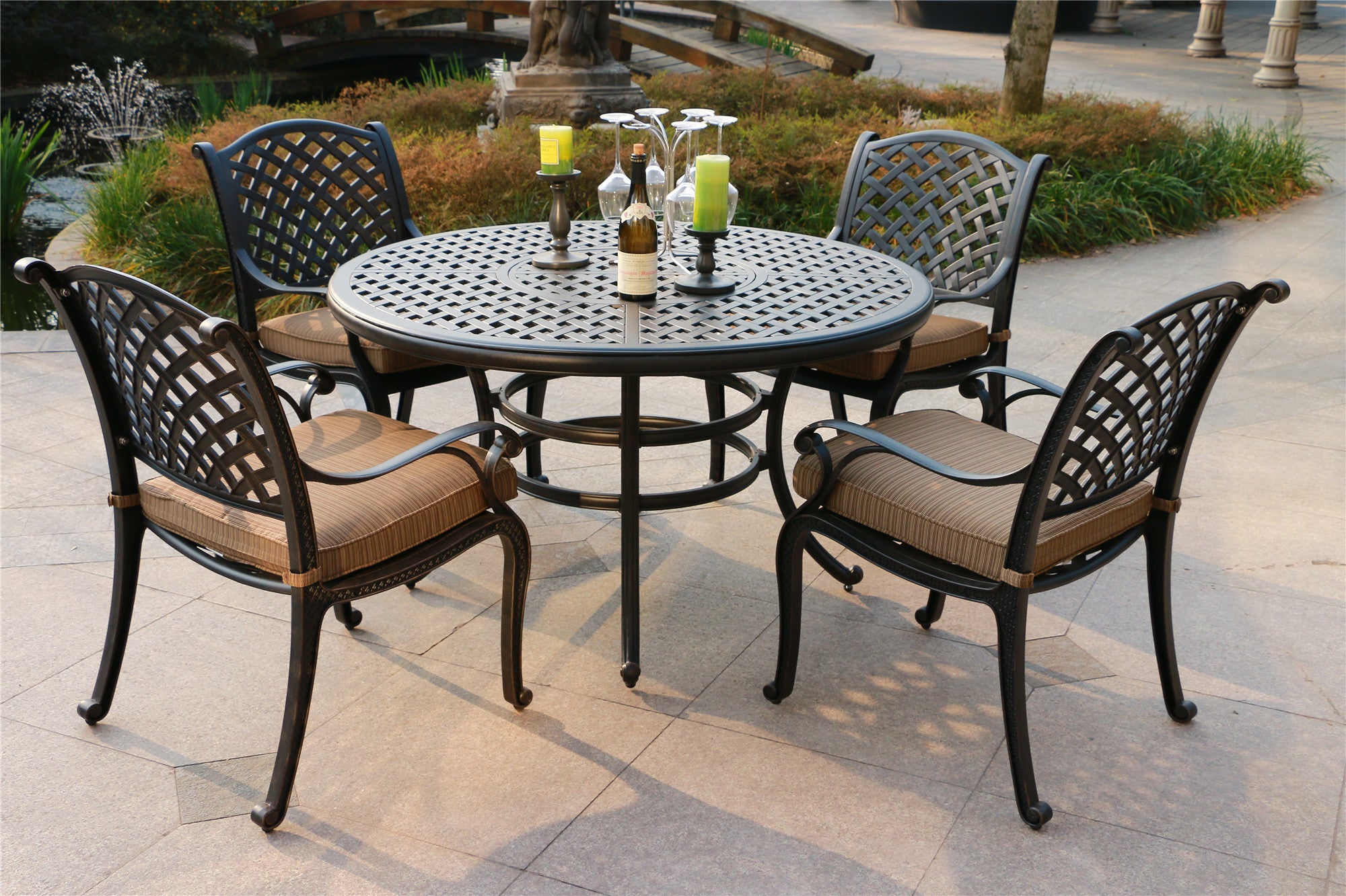Round 4 Person 51.97" Long Dining Set with Cushions antique brown-polyester-aluminum