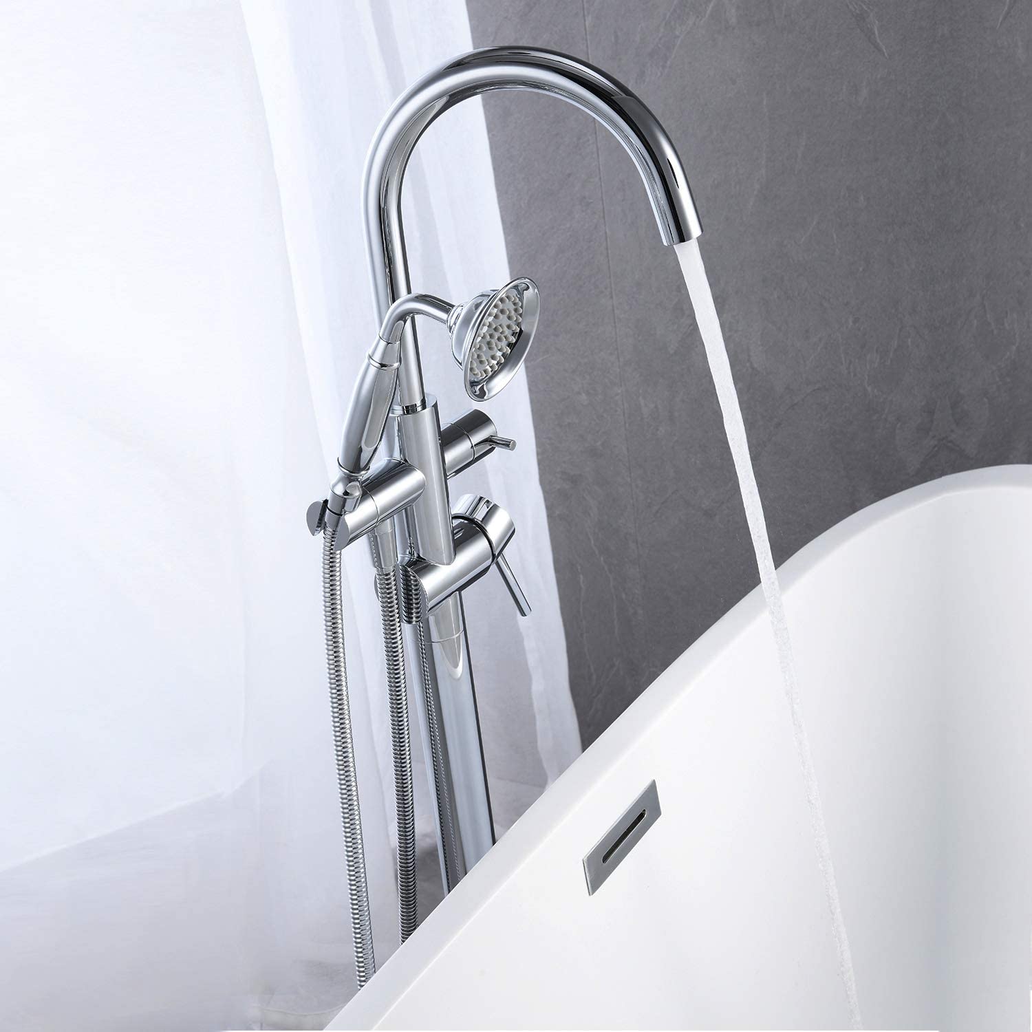 Freestanding Tub Filler Bathtub Faucet Chrome With Hand Held Shower Floor Mount Chrome Brass