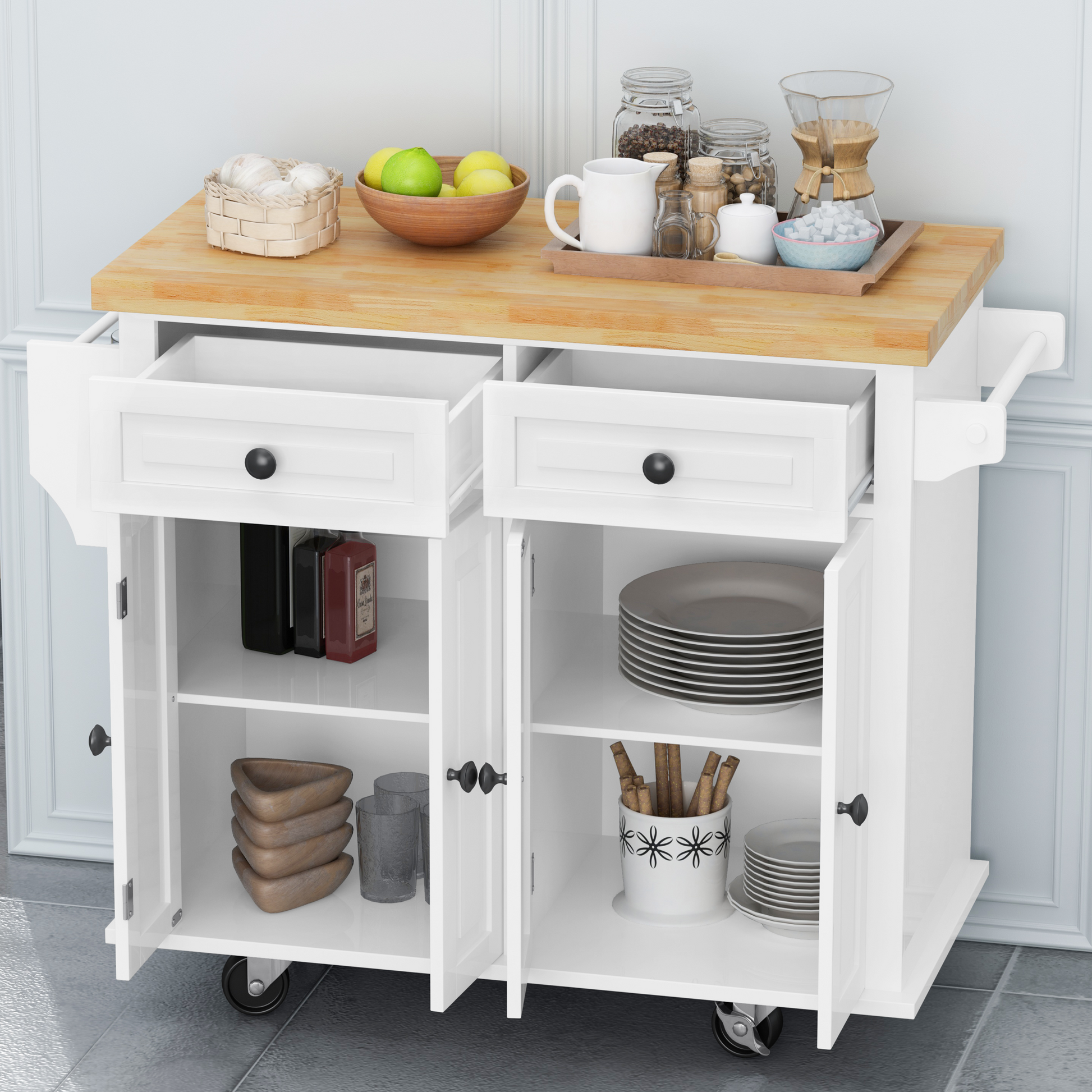 Kitchen Island Cart with Two Storage Cabinets and Two white-mdf