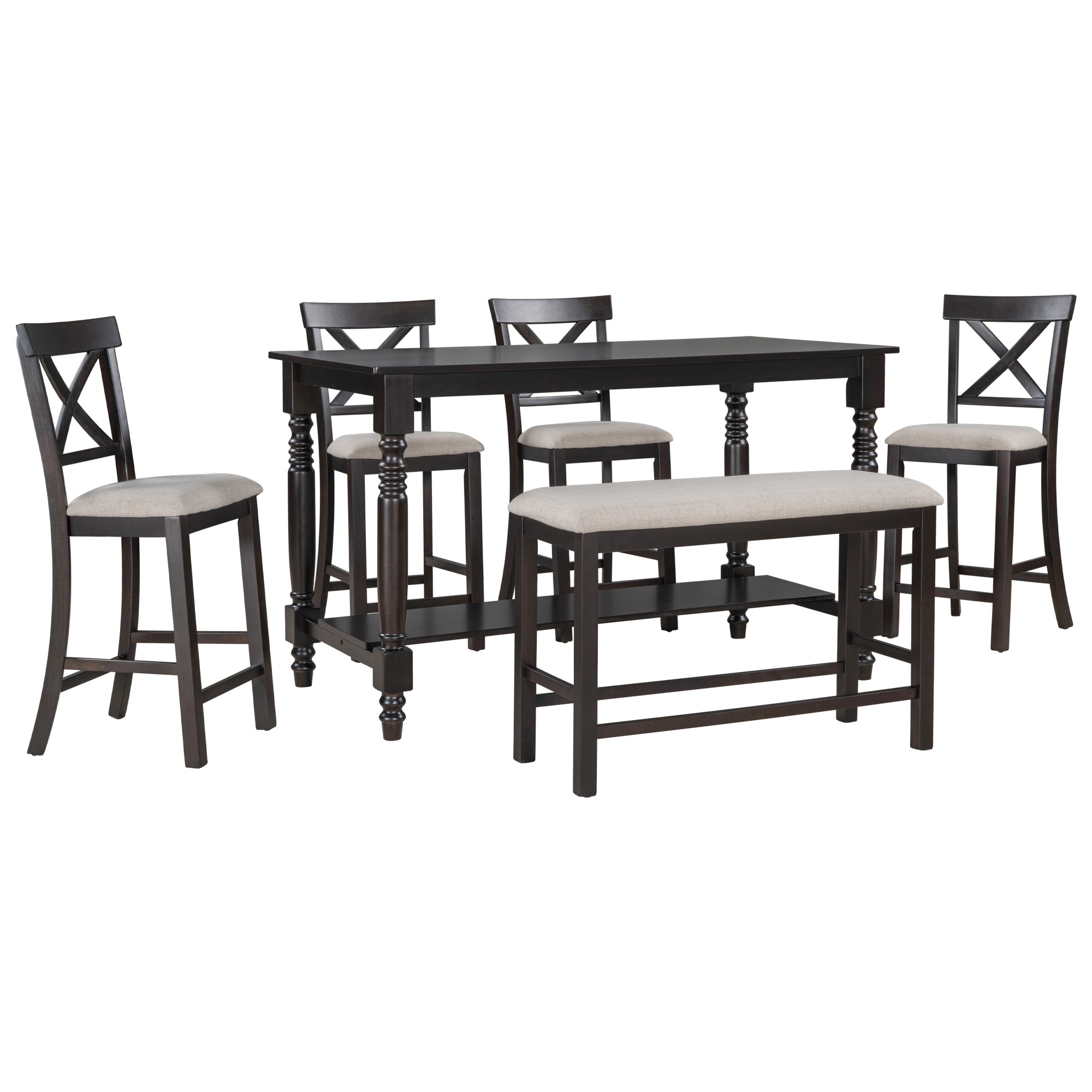 6 Piece Counter Height Dining Table Set Table With Shelf 4 Chairs And Bench For Dining Room Espresso Espresso Solid Wood