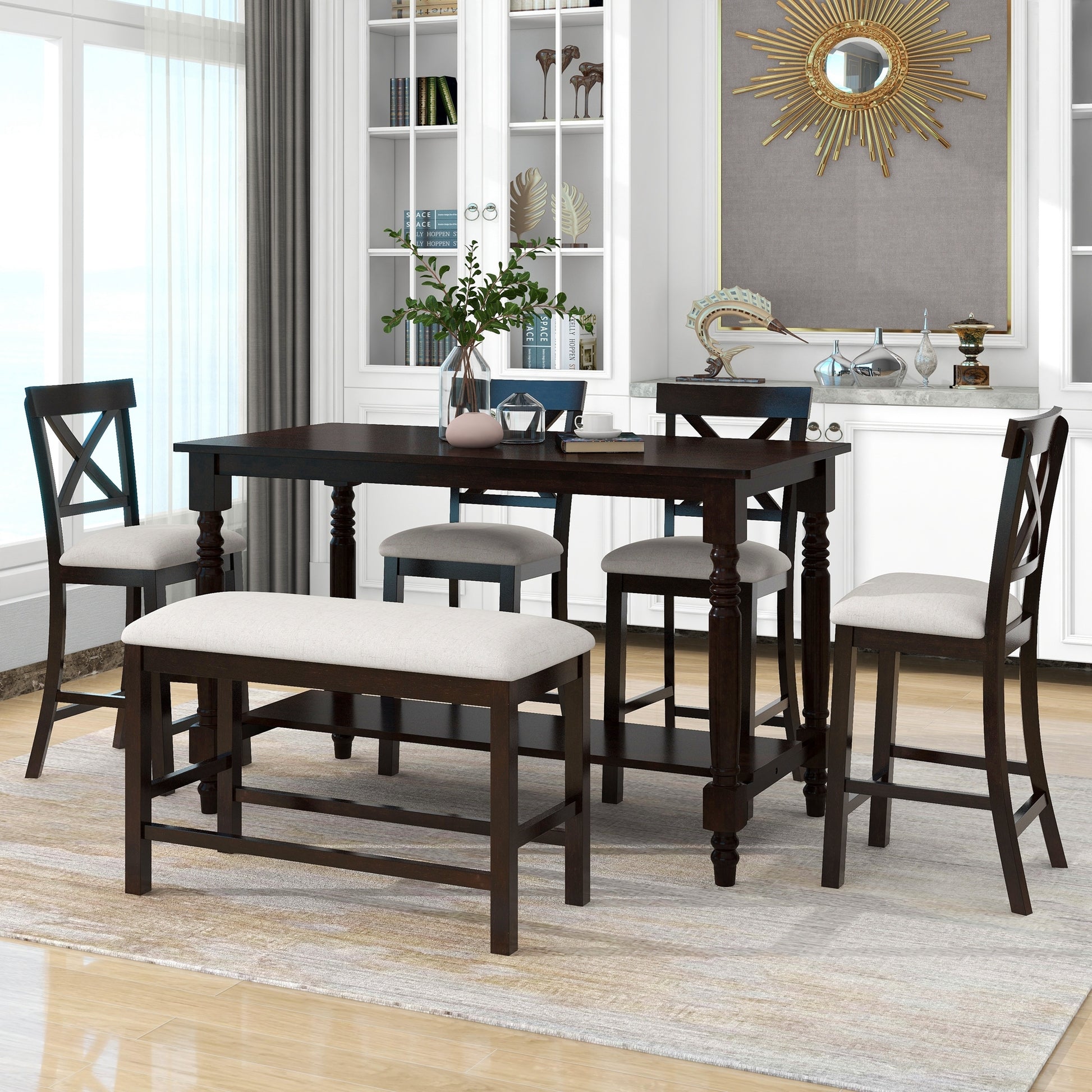 6 Piece Counter Height Dining Table Set Table With Shelf 4 Chairs And Bench For Dining Room Espresso Espresso Solid Wood