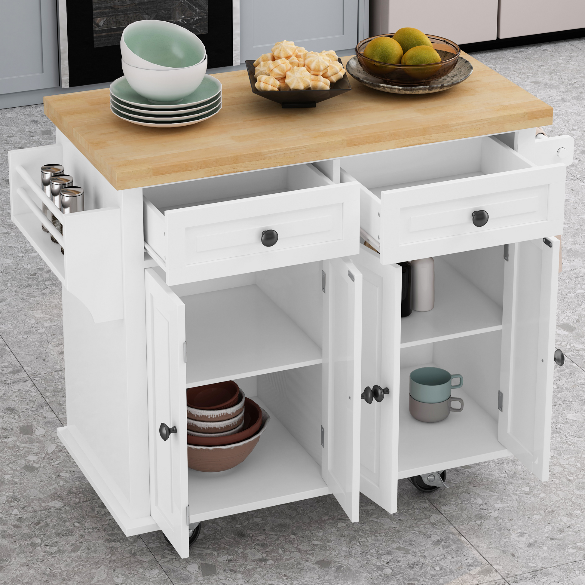 Kitchen Island Cart with Two Storage Cabinets and Two white-mdf