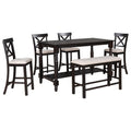 6 Piece Counter Height Dining Table Set Table With Shelf 4 Chairs And Bench For Dining Room Espresso Espresso Solid Wood