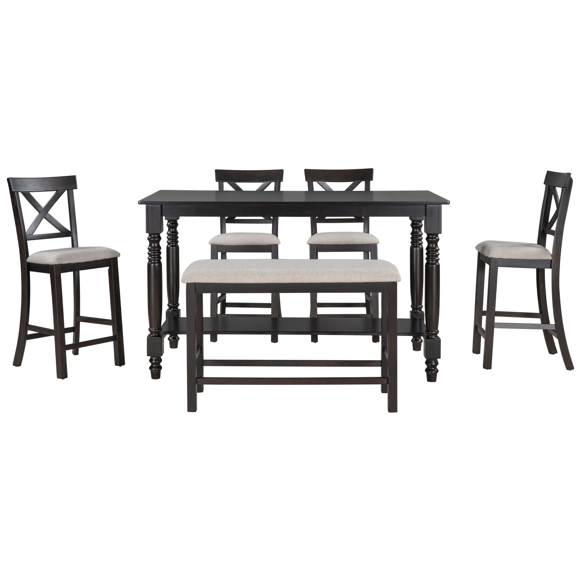 6 Piece Counter Height Dining Table Set Table With Shelf 4 Chairs And Bench For Dining Room Espresso Espresso Solid Wood