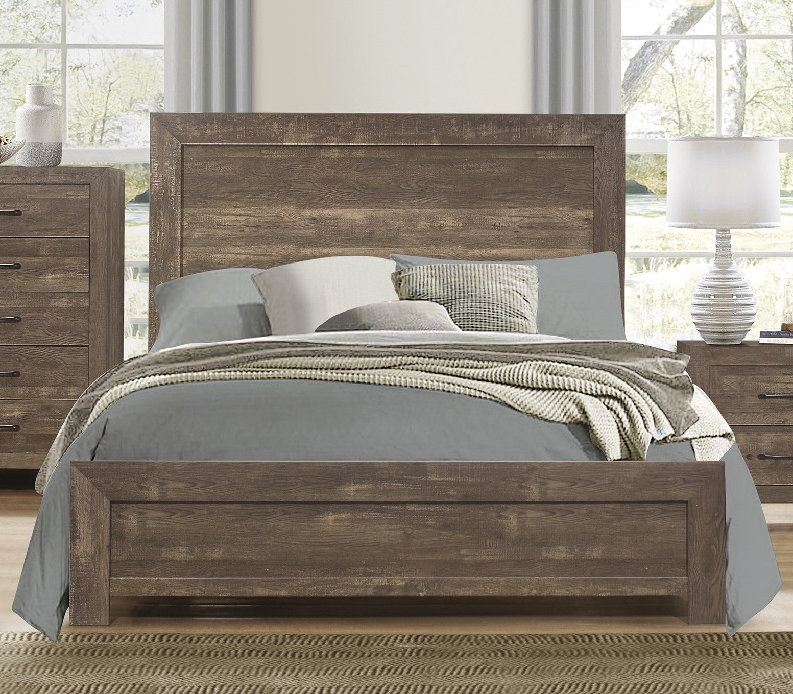 Rustic Brown Finish 1Pc Eastern King Size Bed Panel Headboard Footboard Wooden Bedroom Furniture King Rustic Brown Bedroom Wood