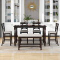 6 Piece Counter Height Dining Table Set Table With Shelf 4 Chairs And Bench For Dining Room Espresso Espresso Solid Wood