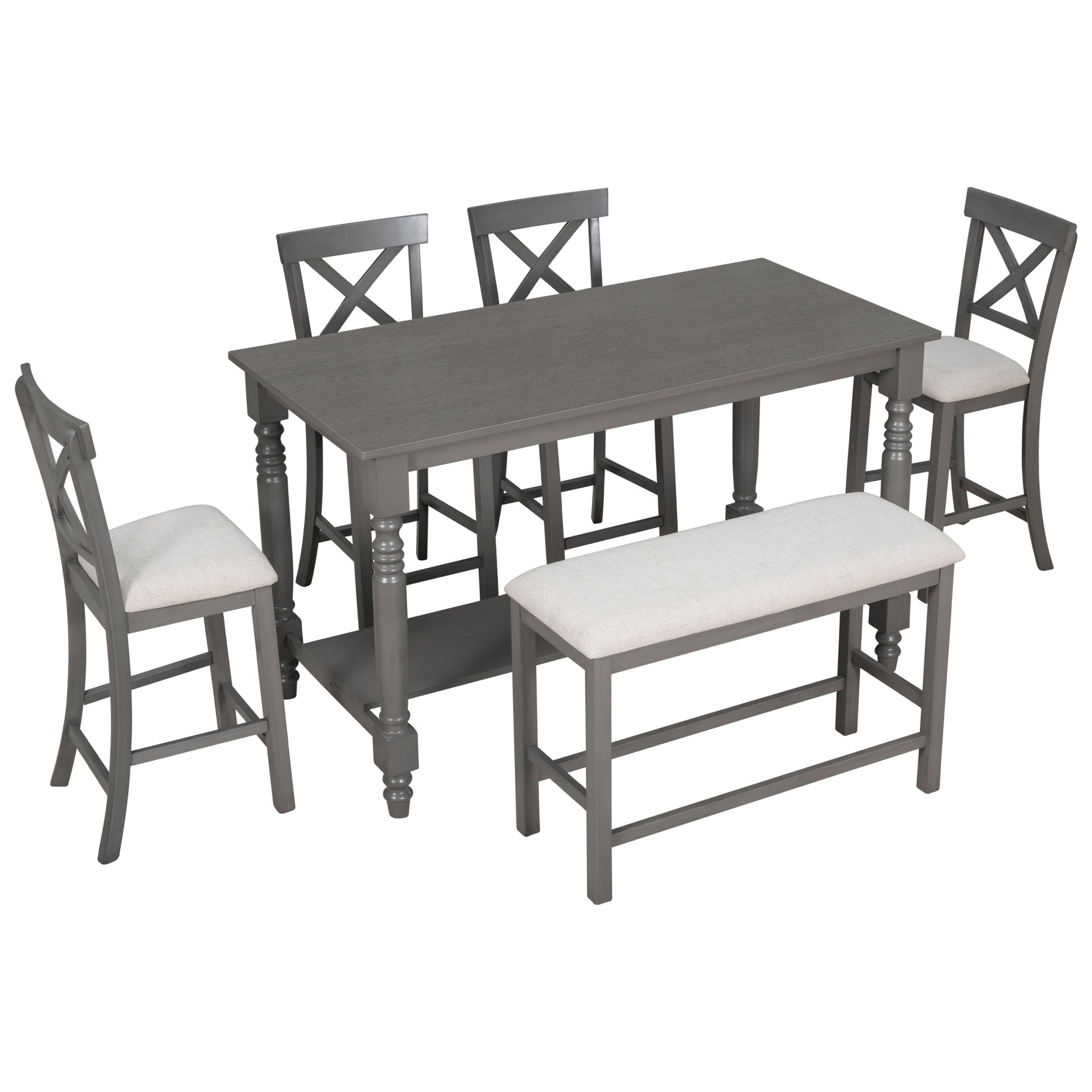 6 Piece Counter Height Dining Table Set Table With Shelf 4 Chairs And Bench For Dining Room Gray Gray Solid Wood
