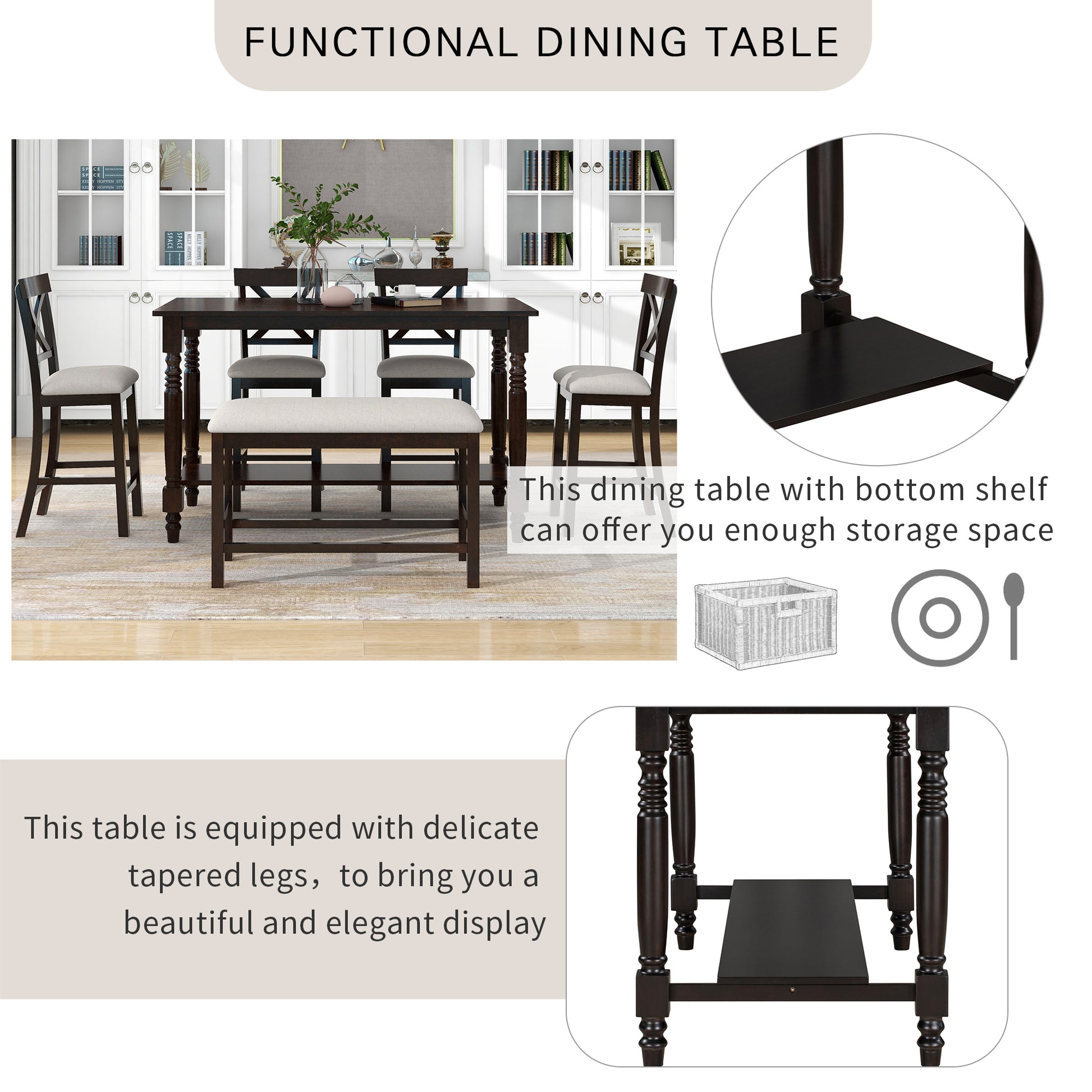 6 Piece Counter Height Dining Table Set Table With Shelf 4 Chairs And Bench For Dining Room Espresso Espresso Solid Wood