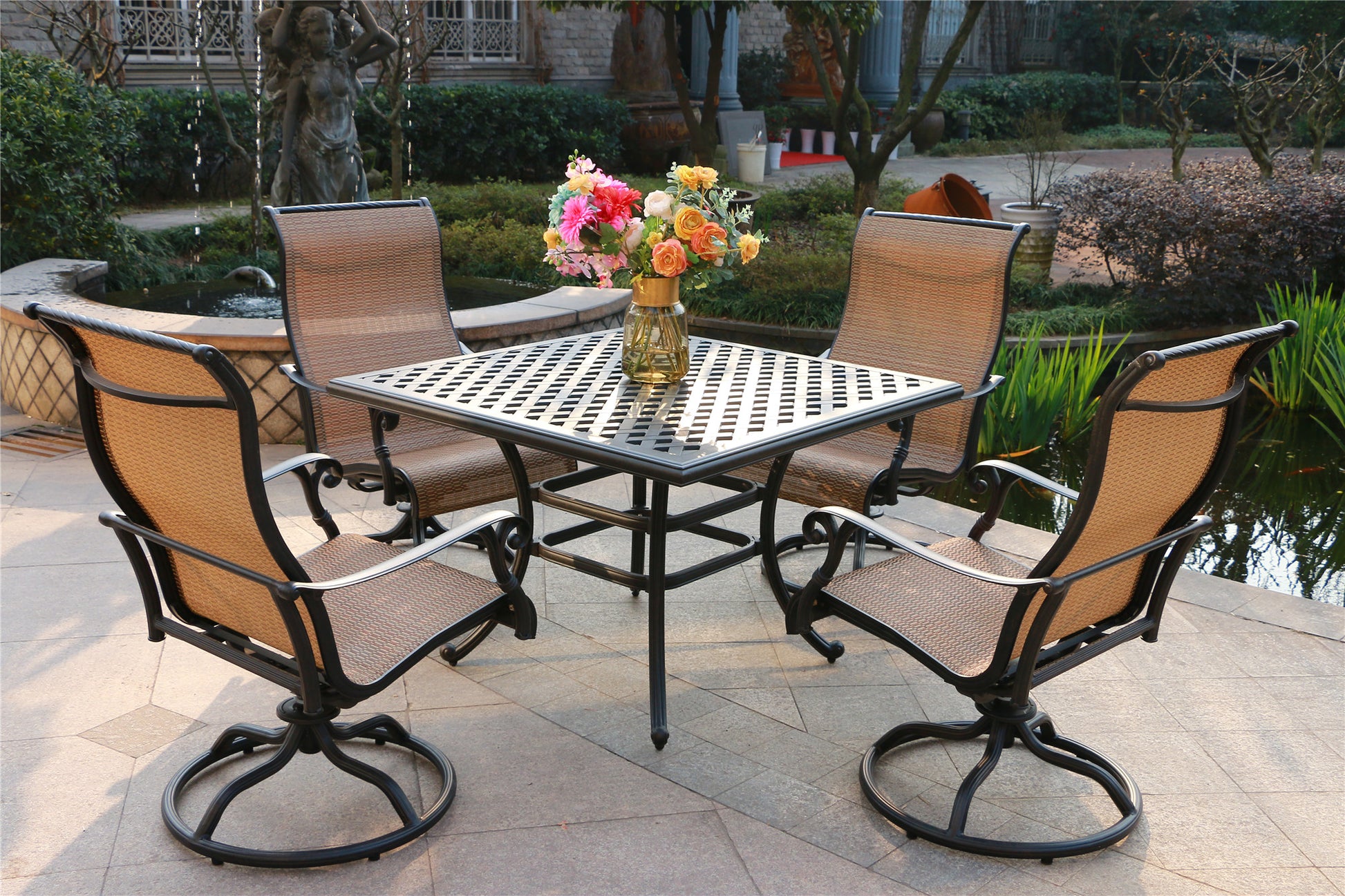 Square 4 Person 43.19" Long Aluminum Dining Set Antique Bronze Aluminum