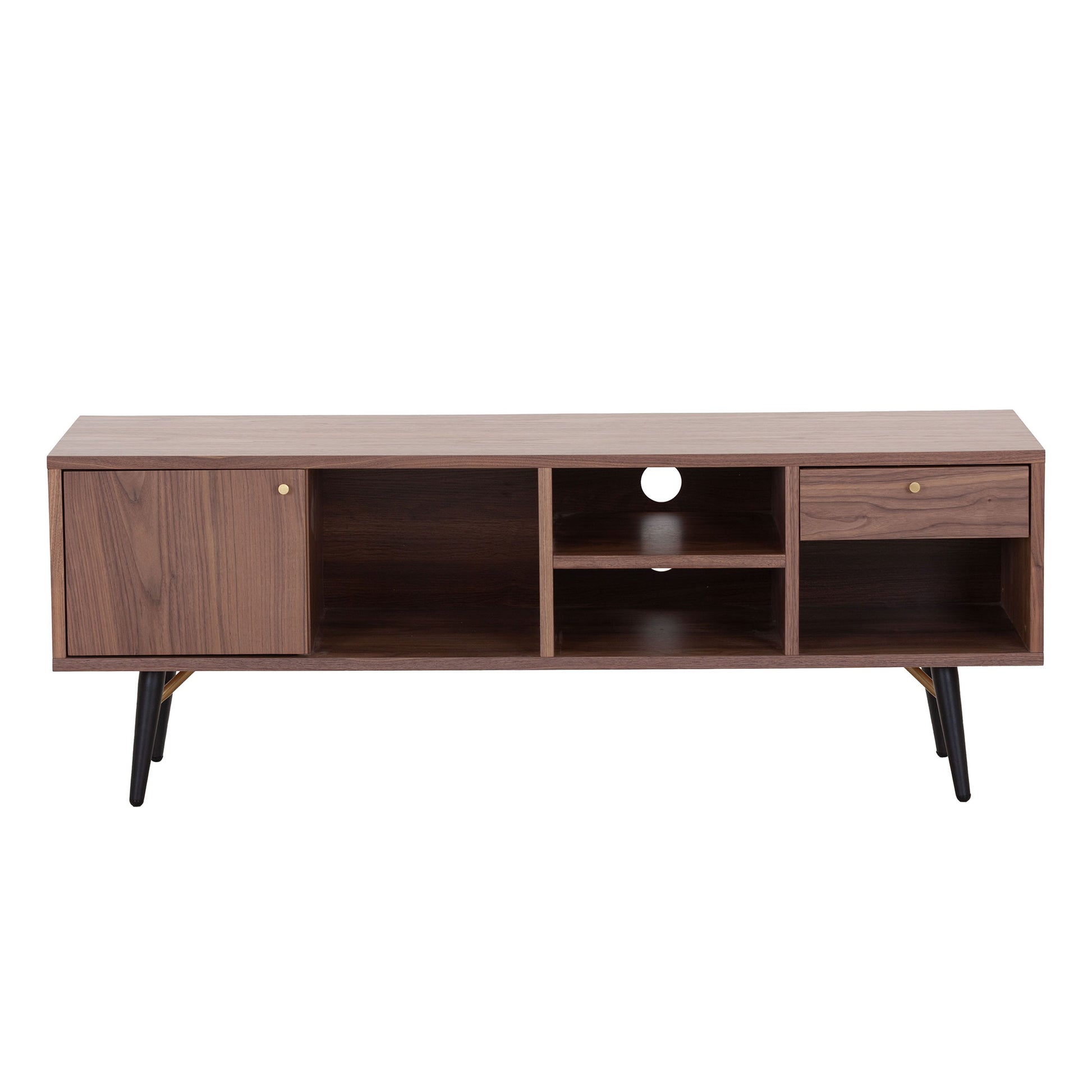 Mid Century Modern Low Profile Media Console Tv Stand, Walnut Walnut Wood Stainless Steel
