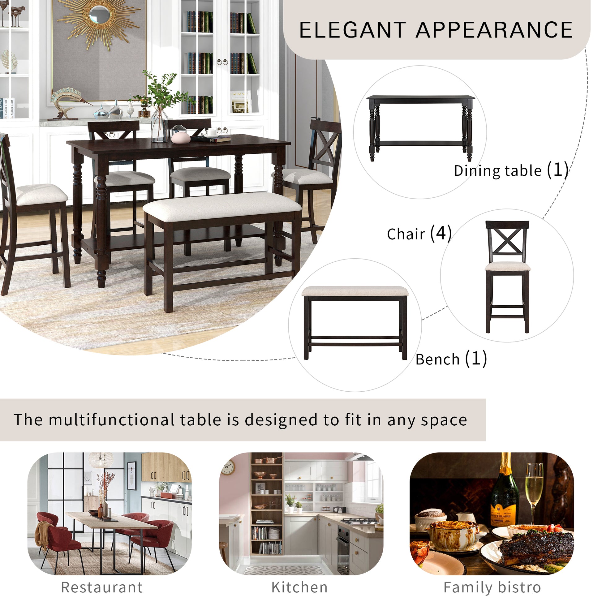 6 Piece Counter Height Dining Table Set Table With Shelf 4 Chairs And Bench For Dining Room Espresso Espresso Solid Wood