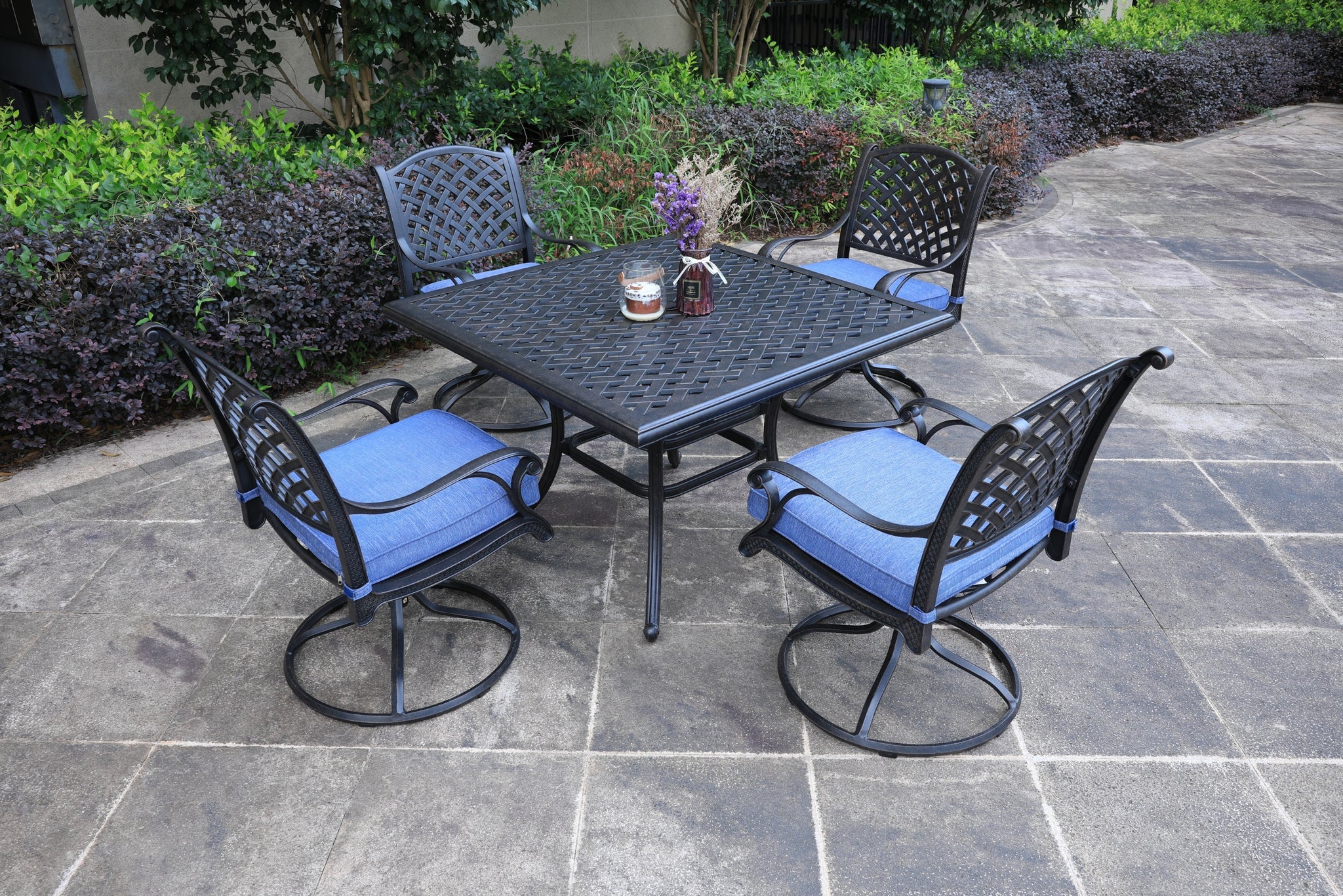 Square 4 Person 43.19" Long Aluminum Dining Set with antique navy blue-polyester-aluminum