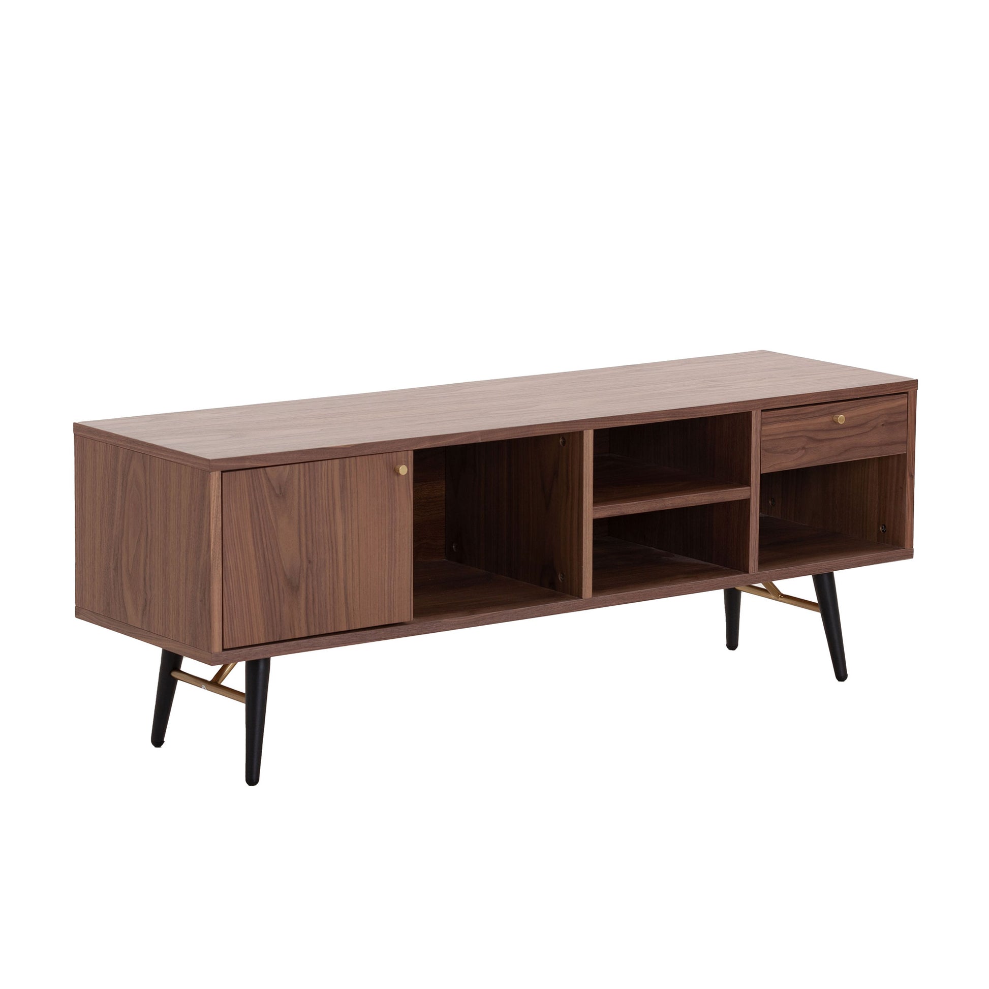 Mid Century Modern Low Profile Media Console Tv Stand, Walnut Walnut Wood Stainless Steel